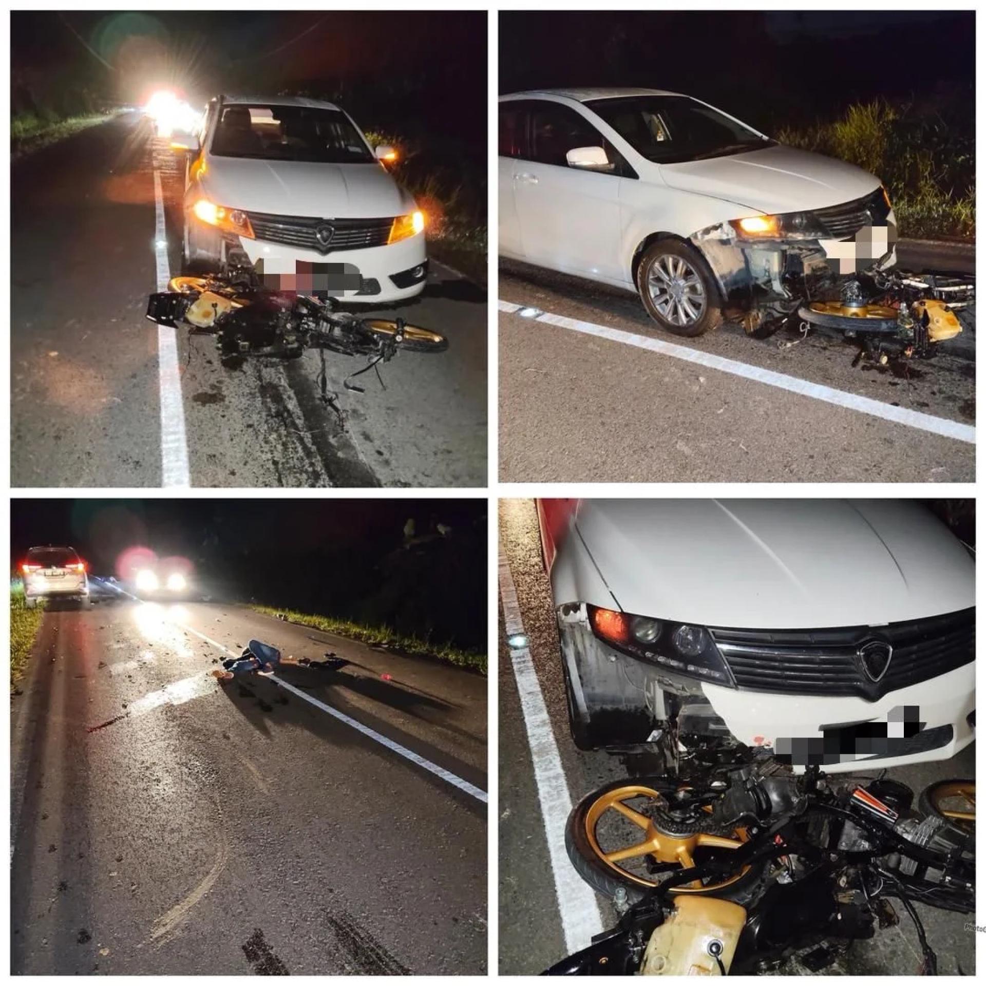MAUT… Penunggang dan pembonceng motosikal maut dalam kemalangan dengan sebuah motokar, pagi tadi.