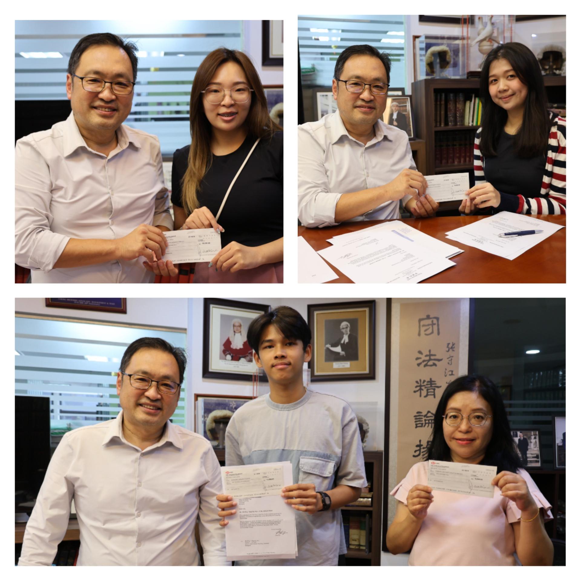 实旦宾区国会议员兼浮罗岸州议员张健仁将支票移交给多名受惠的学子。