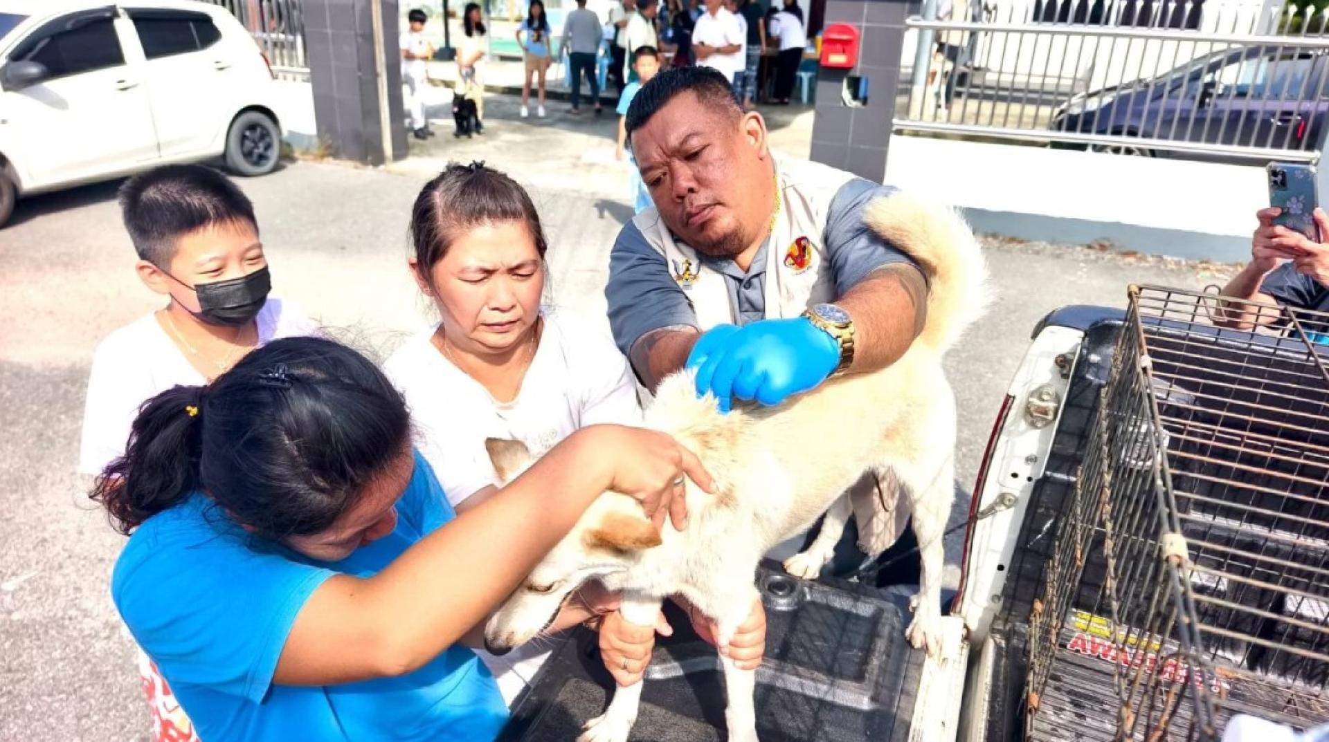 一名当地居民带着爱犬接种疫苗。