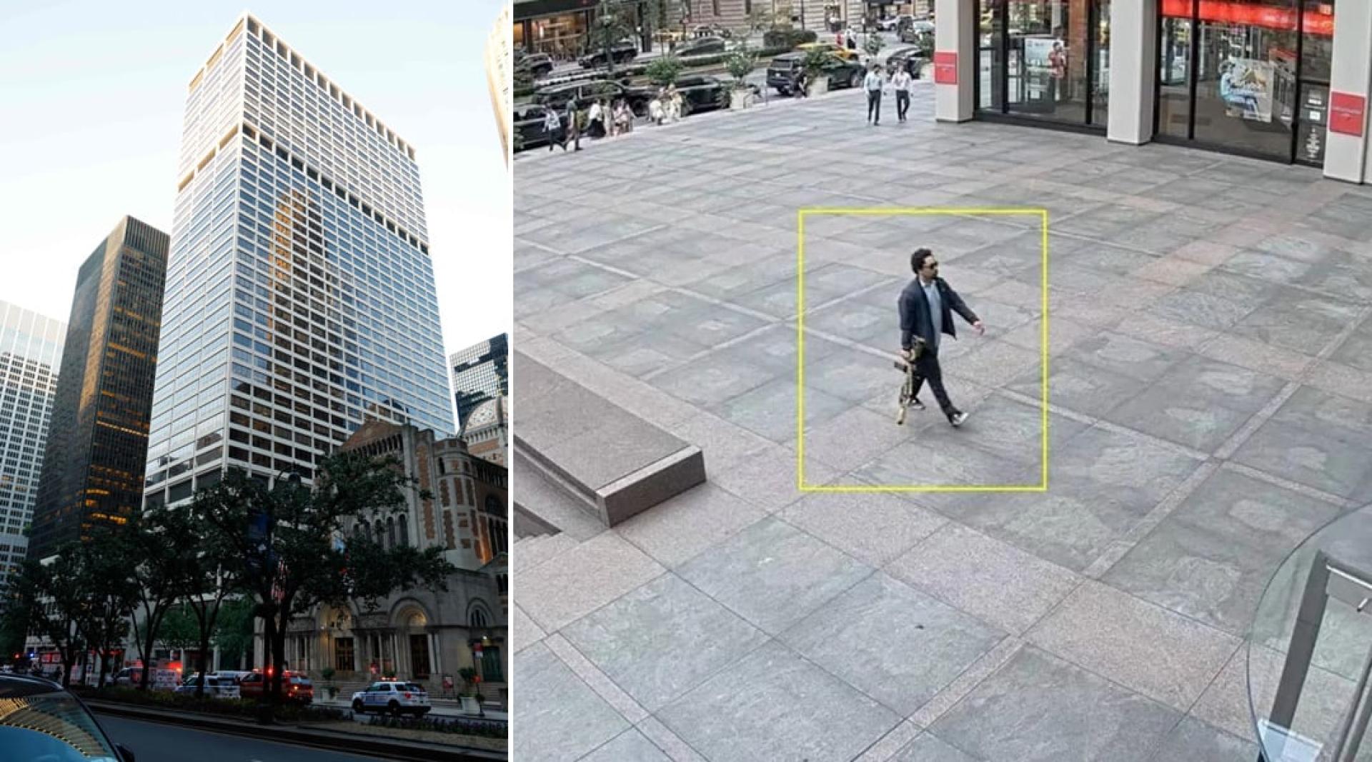 总高44层的公园大道345号大楼。（右）闭路电视画面显示，枪手携带一支M-4步枪进入大楼。