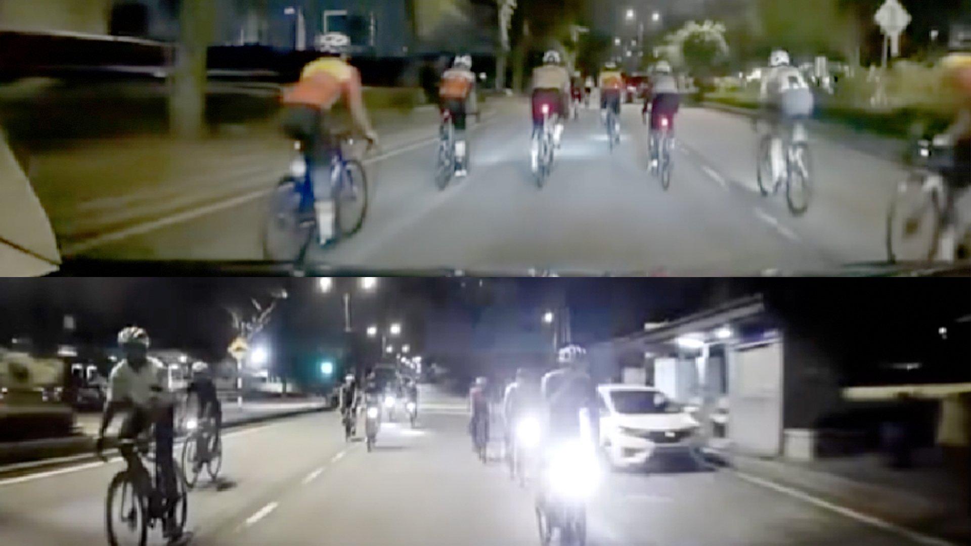 一群脚车骑士在夜晚霸占公路，他们并没有靠边行驶，而是分成左右两排超越路上的车，超车后更直接挡在车前。