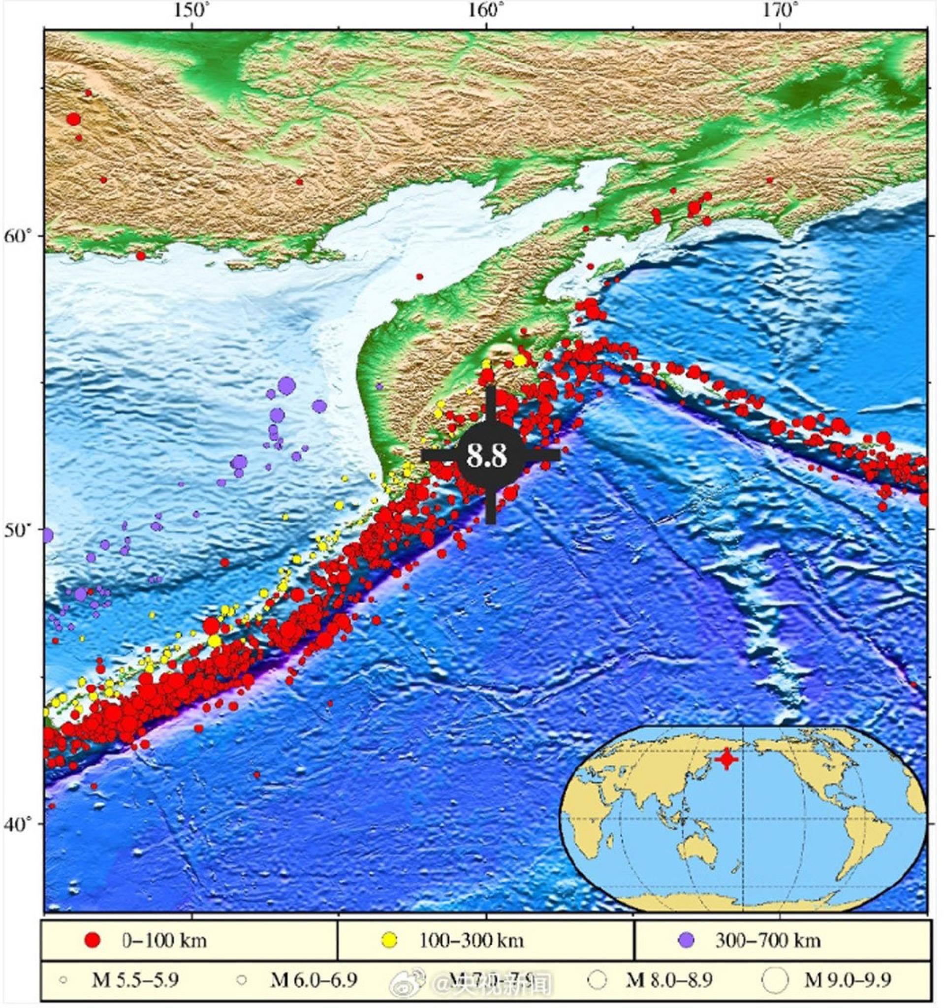 堪察加东岸远海海域地震修正为8.8级。