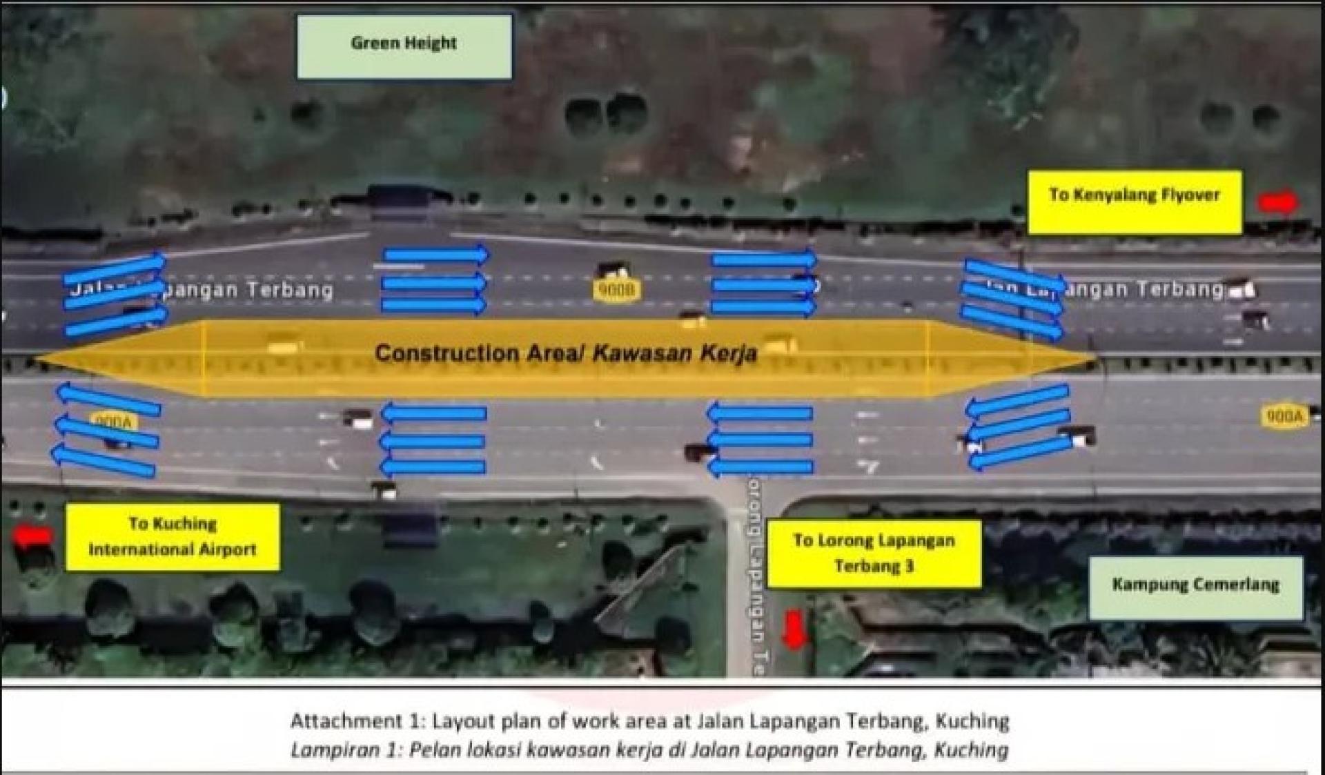 古晋机场路（Jalan Lapangan Terbang）2025年8月13日至12月31日为配合施工而实施的四个月交通改道工程范围的布局图。