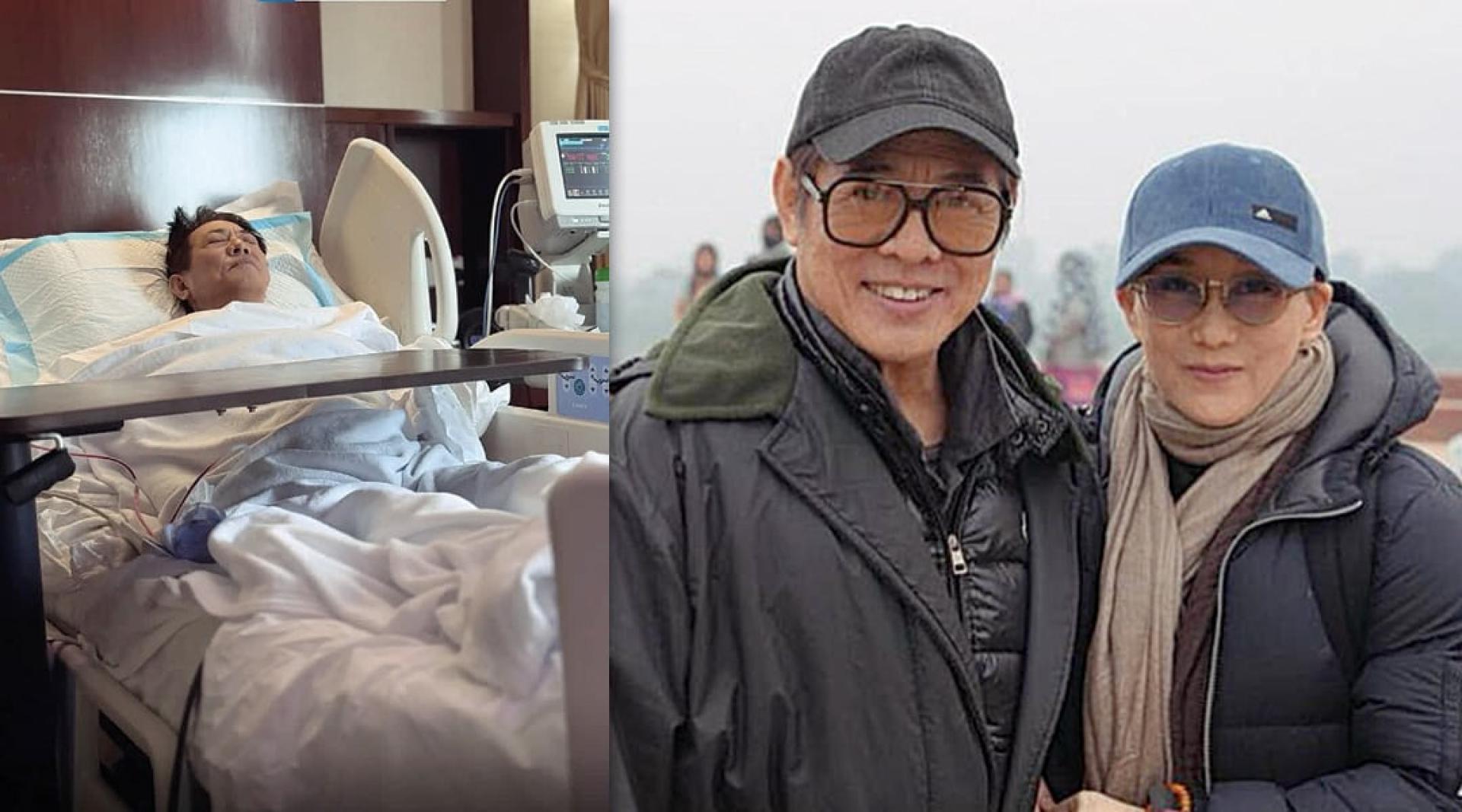 （左）李连杰晒出躺病床虚弱模样，令人担心。（右）李连杰去年5月难得曝光与老婆利智同框合影。