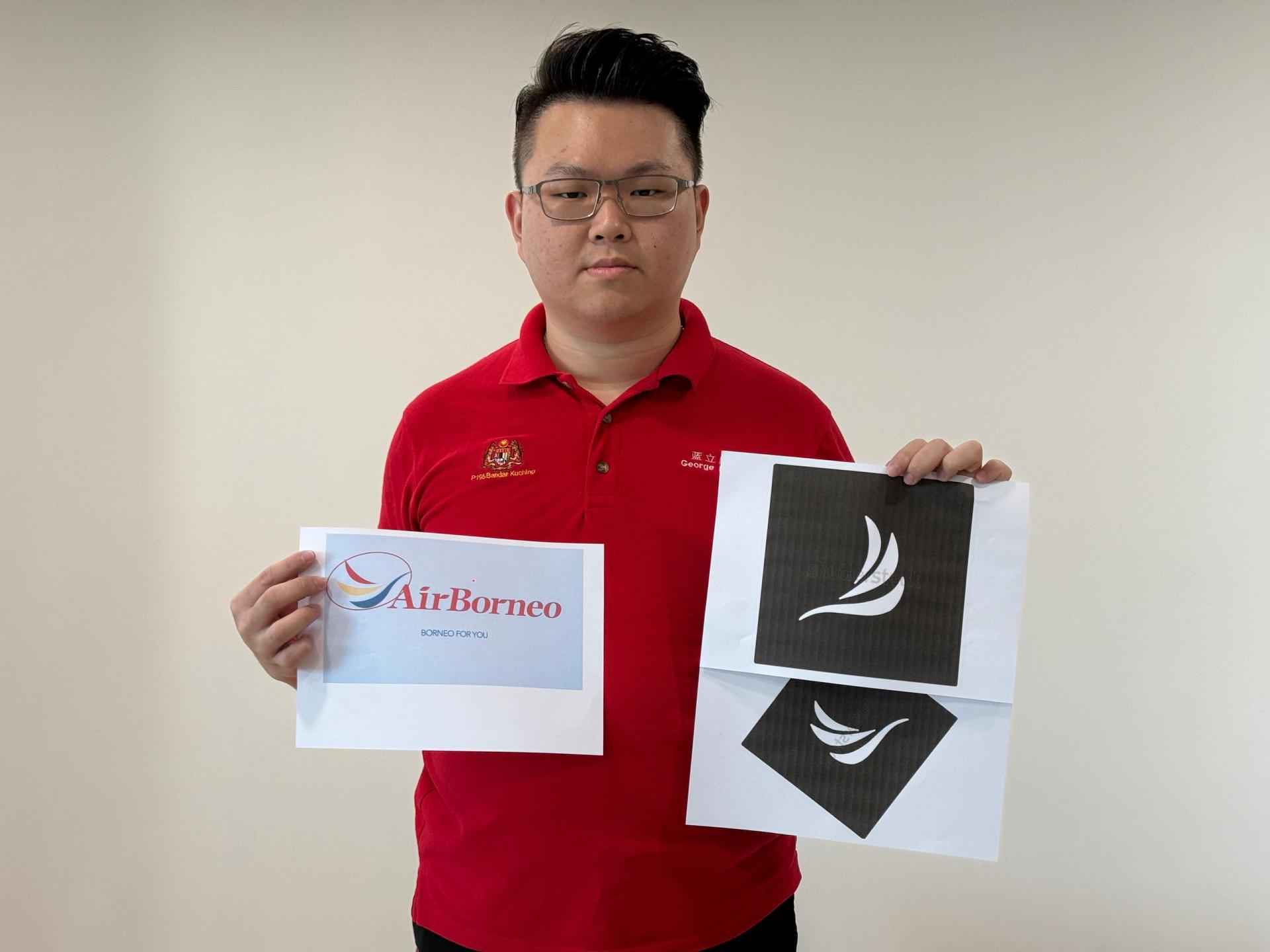 蓝立康展示Shutterstock网站取得的网图设计和所推展的婆罗洲航空官方标志设计高度相似。
