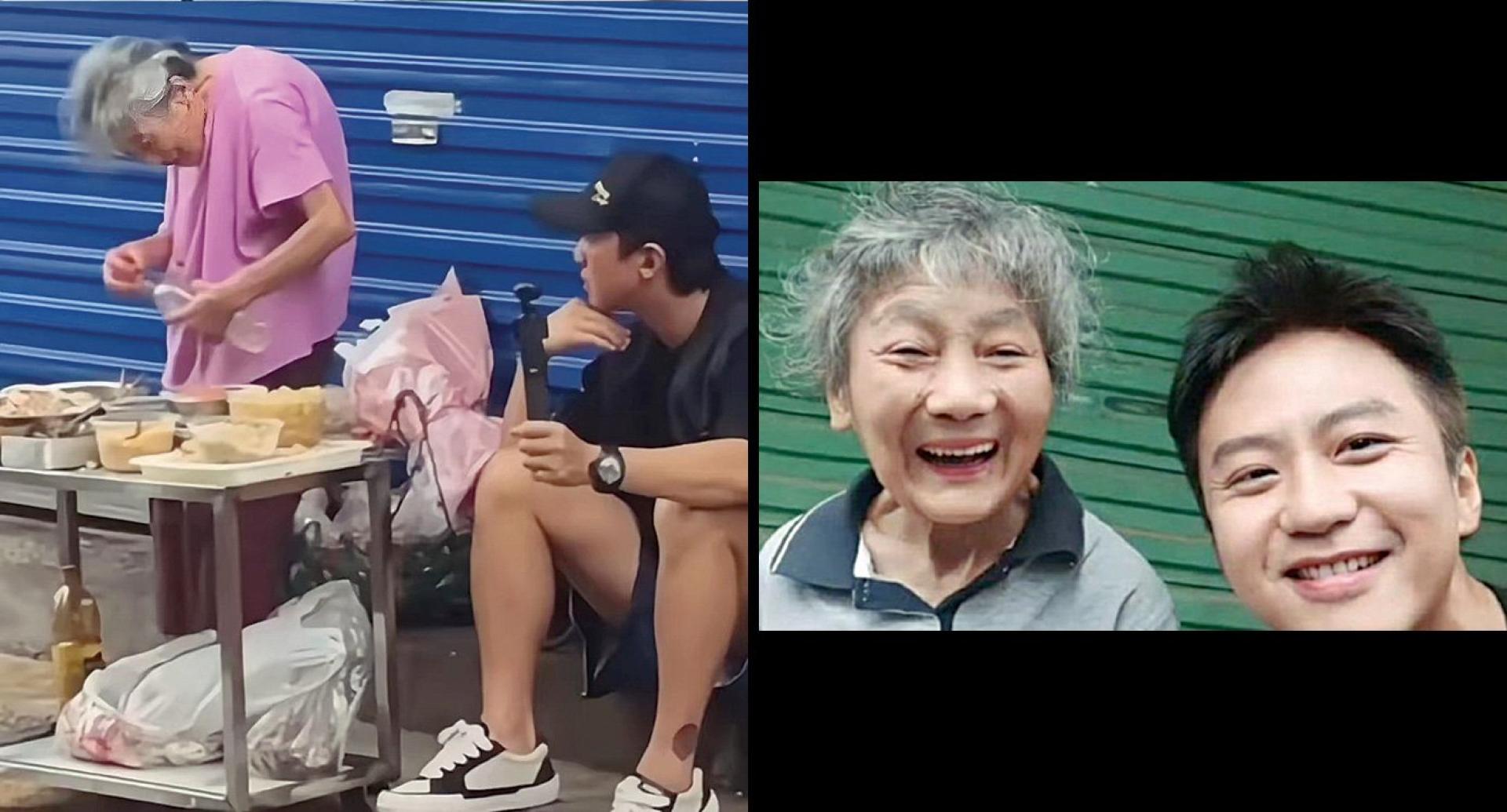 邓超探望摆摊老奶奶。