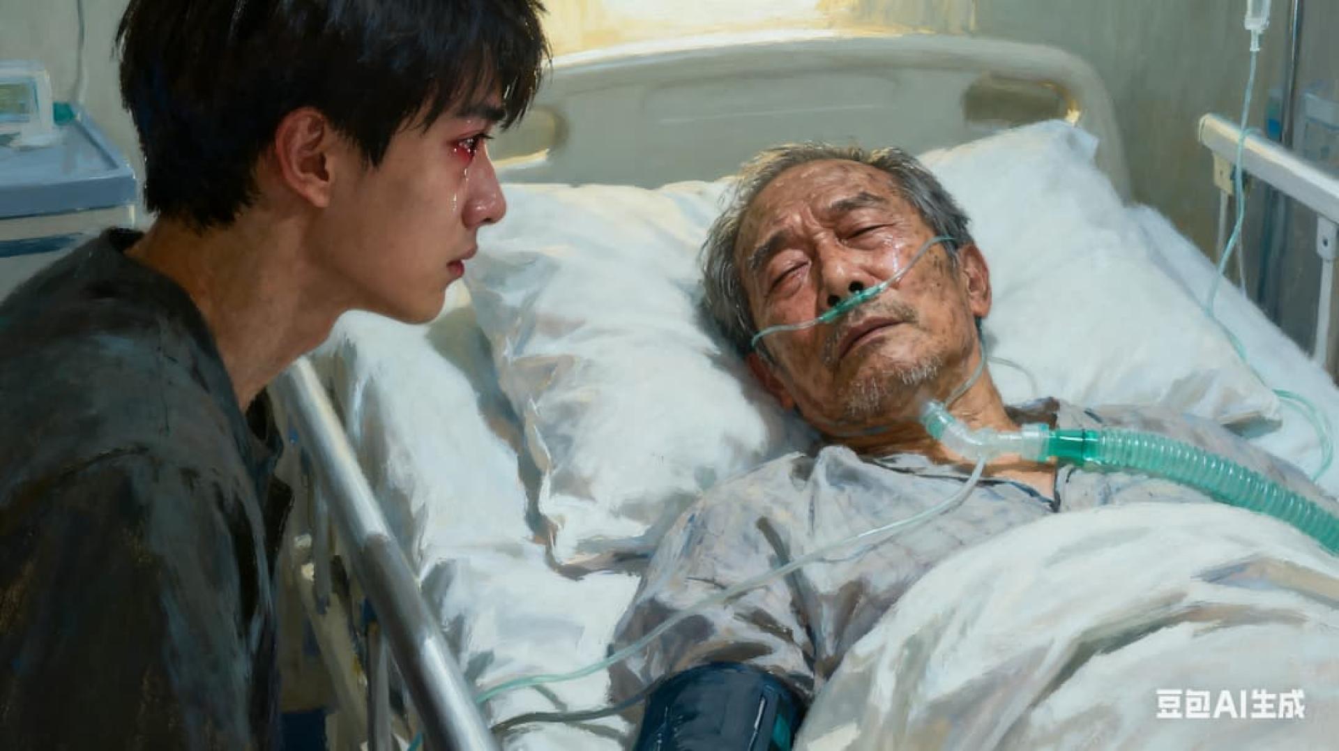 台湾一名59岁男子罹患渐冻症，全身瘫痪只能靠呼吸机维生，因不忍拖累家人，他以眨眼拼出“拔掉”两字请求结束治疗，儿子含泪成全父亲最后心愿。（AI生成示意图）