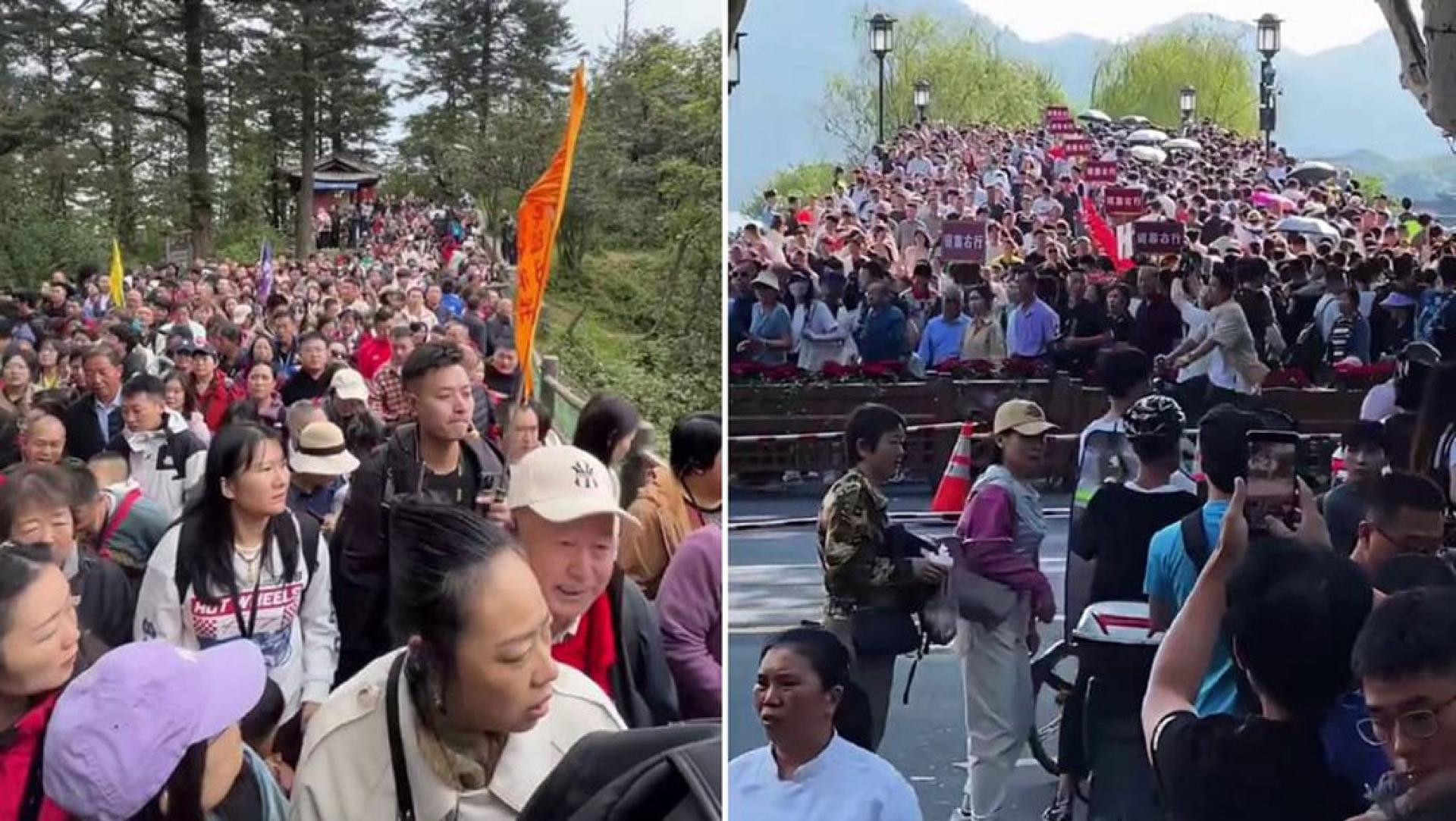 四川峨眉山景区（左）与杭州西湖景区（右）皆在中国国庆假期中出现“人山人海”情况。