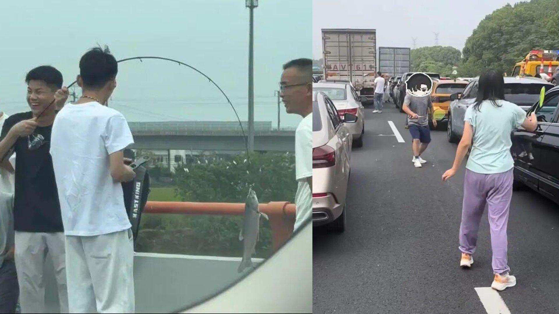 塞在车龙中的民众，有些下车钓鱼，有些还打羽球。