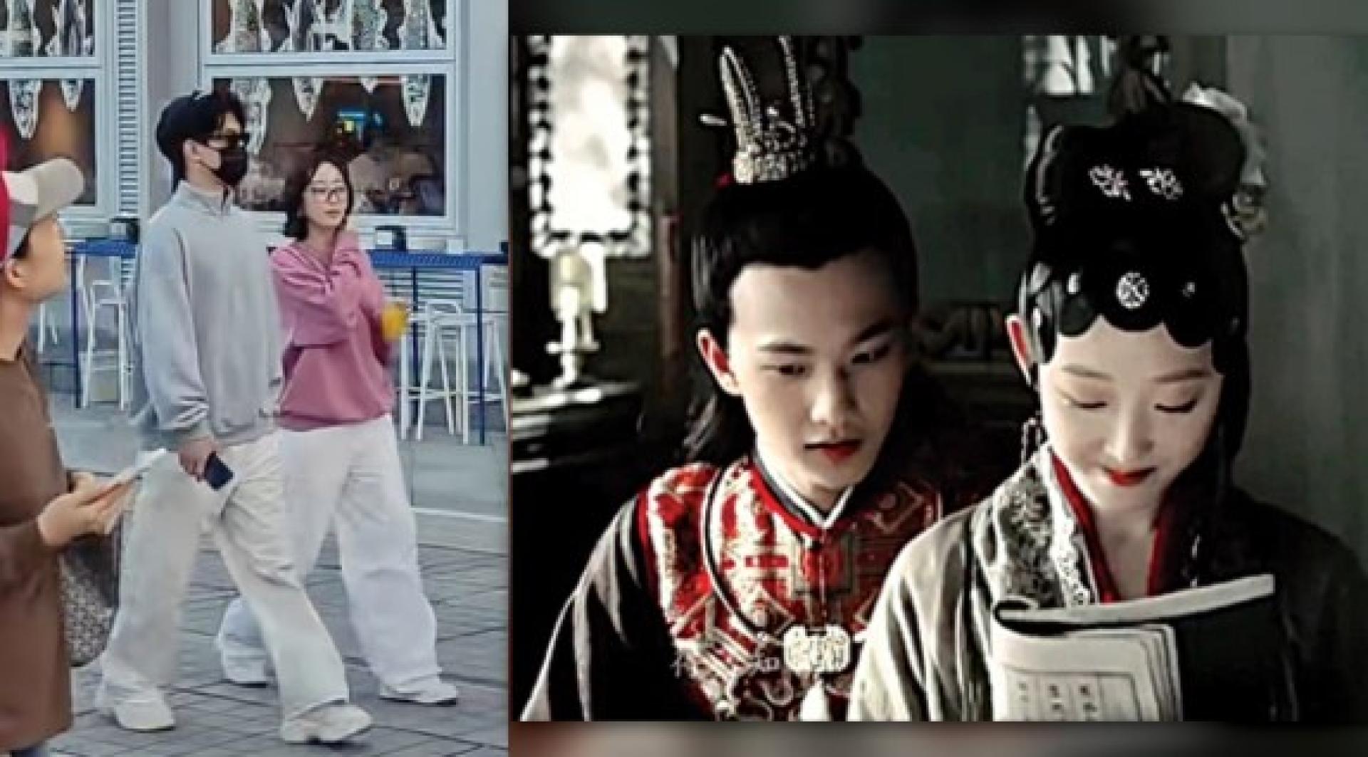 杨洋戴墨镜口罩仍被认出，身边是好友蒋梦婕。（右）杨洋、蒋梦婕因合作《红楼梦》相识。