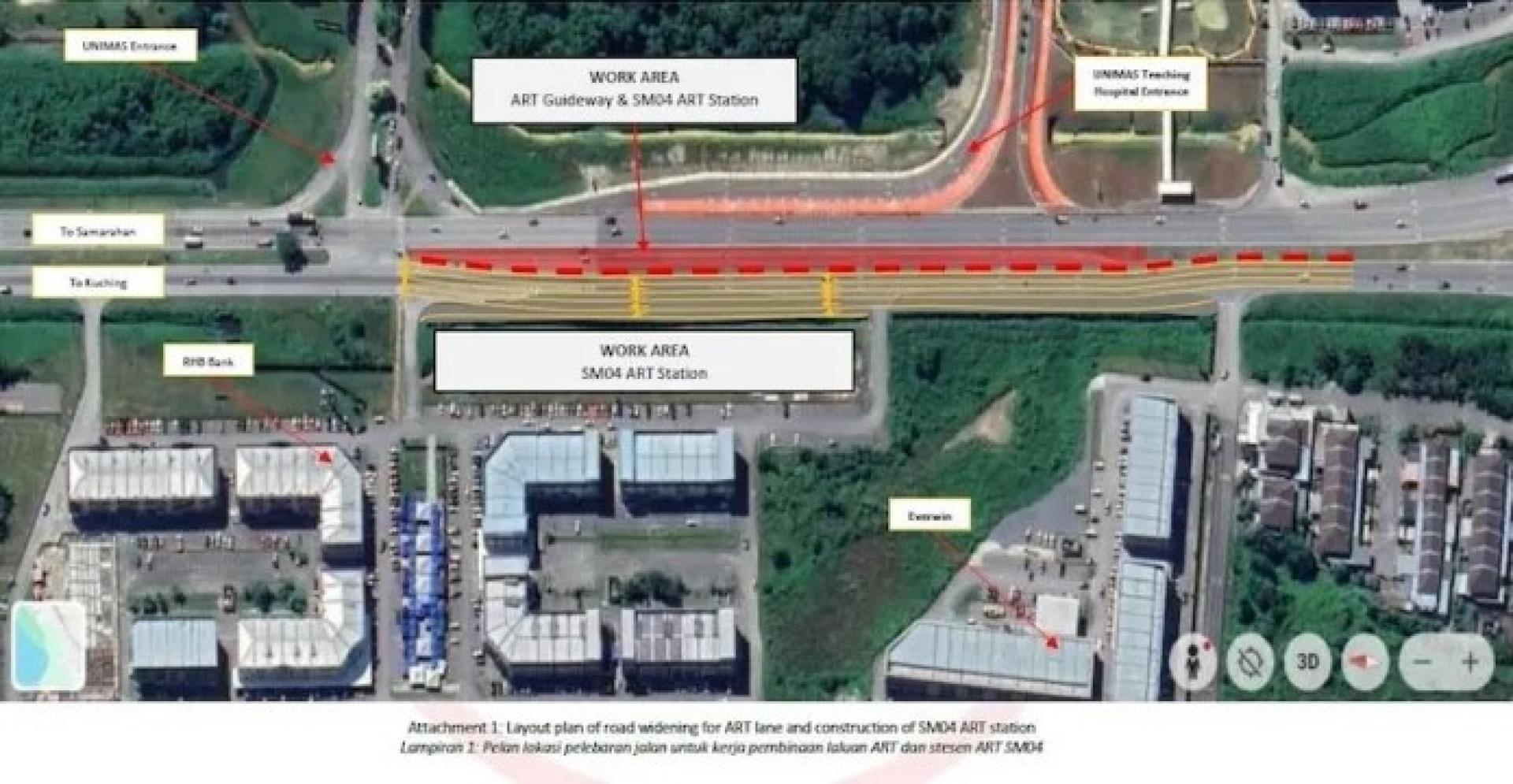 砂拉越大学（UNIMAS）附近古晋－三马拉汉大道临时改道路段。
