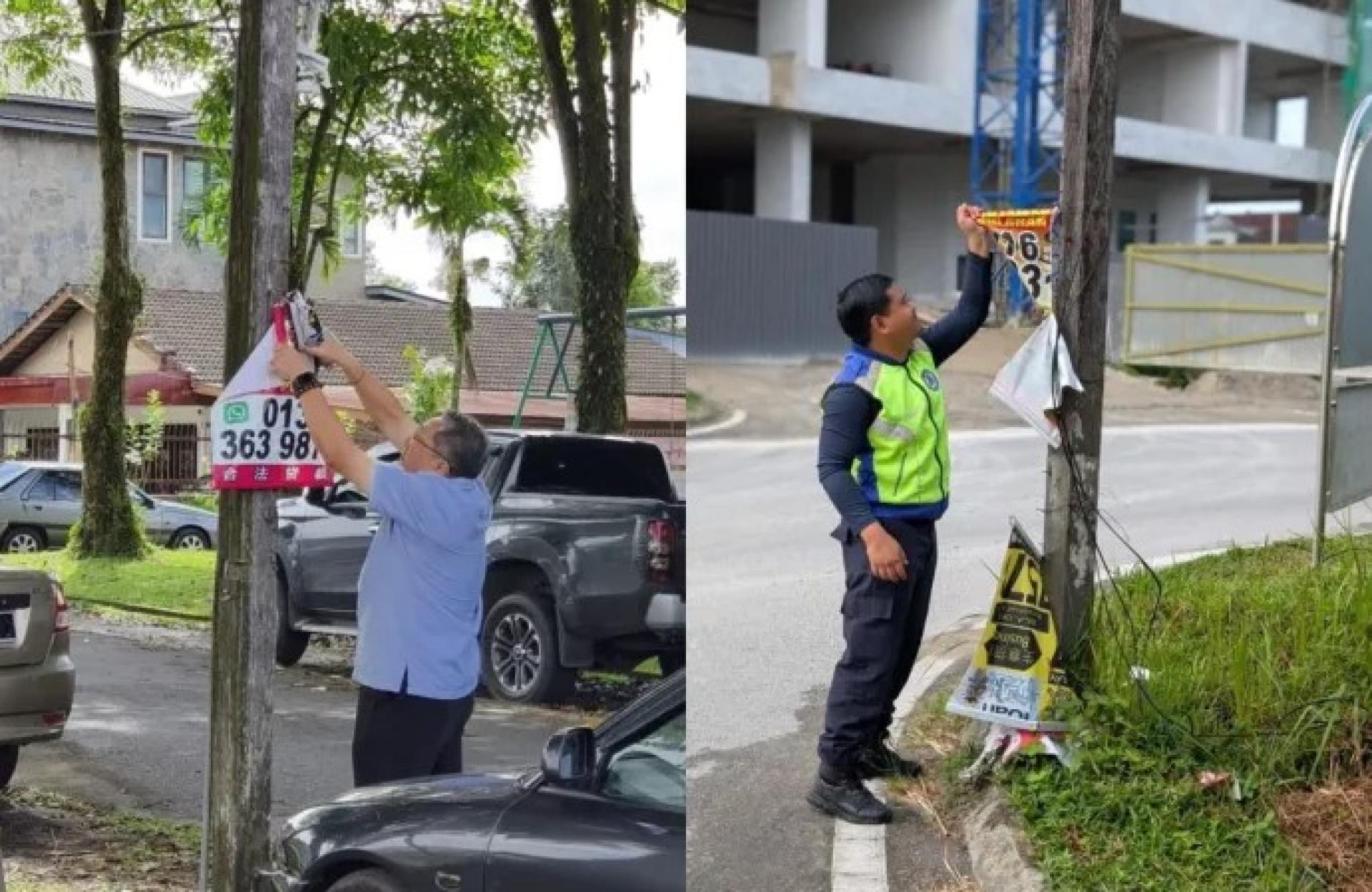 黄鸿圣（左）与执法人员（右）于2025年8月25日在古晋街头拆除非法放贷广告，持续落实南市政局维护公共空间整洁的行动。