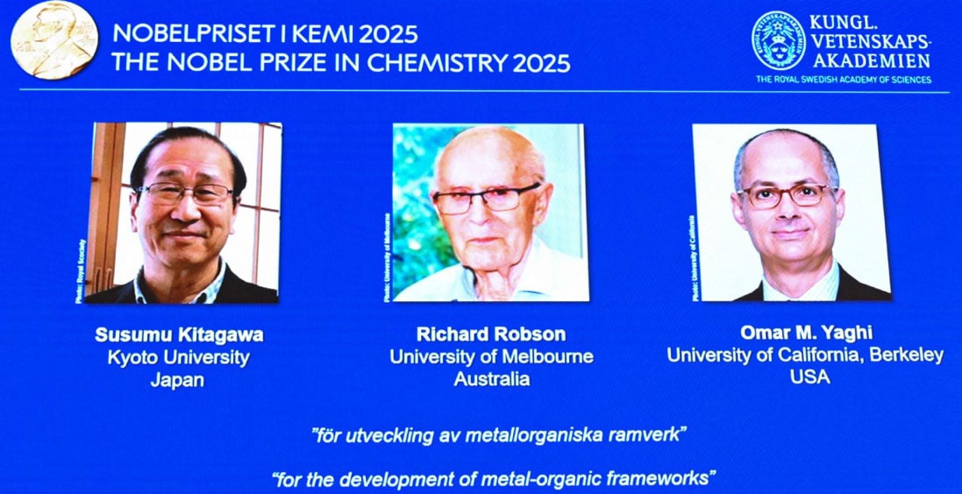 2025年诺贝尔化学奖得主，左起为北川进、罗布森和亚吉。