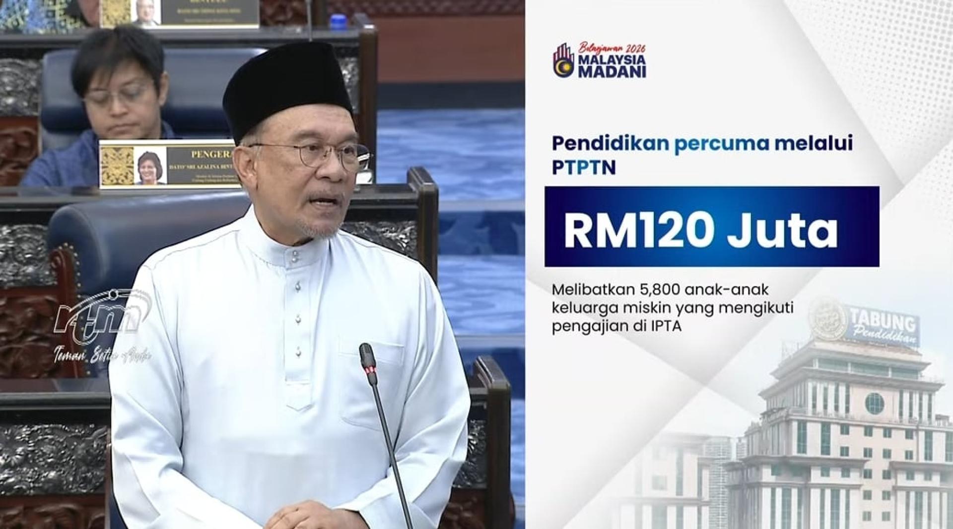 从2026年起，政府将透过国家高等教育基金（PTPTN）为5800名在政府大学就读的贫穷家庭孩子提供免费教育，每年拨款达1亿2000万令吉。
