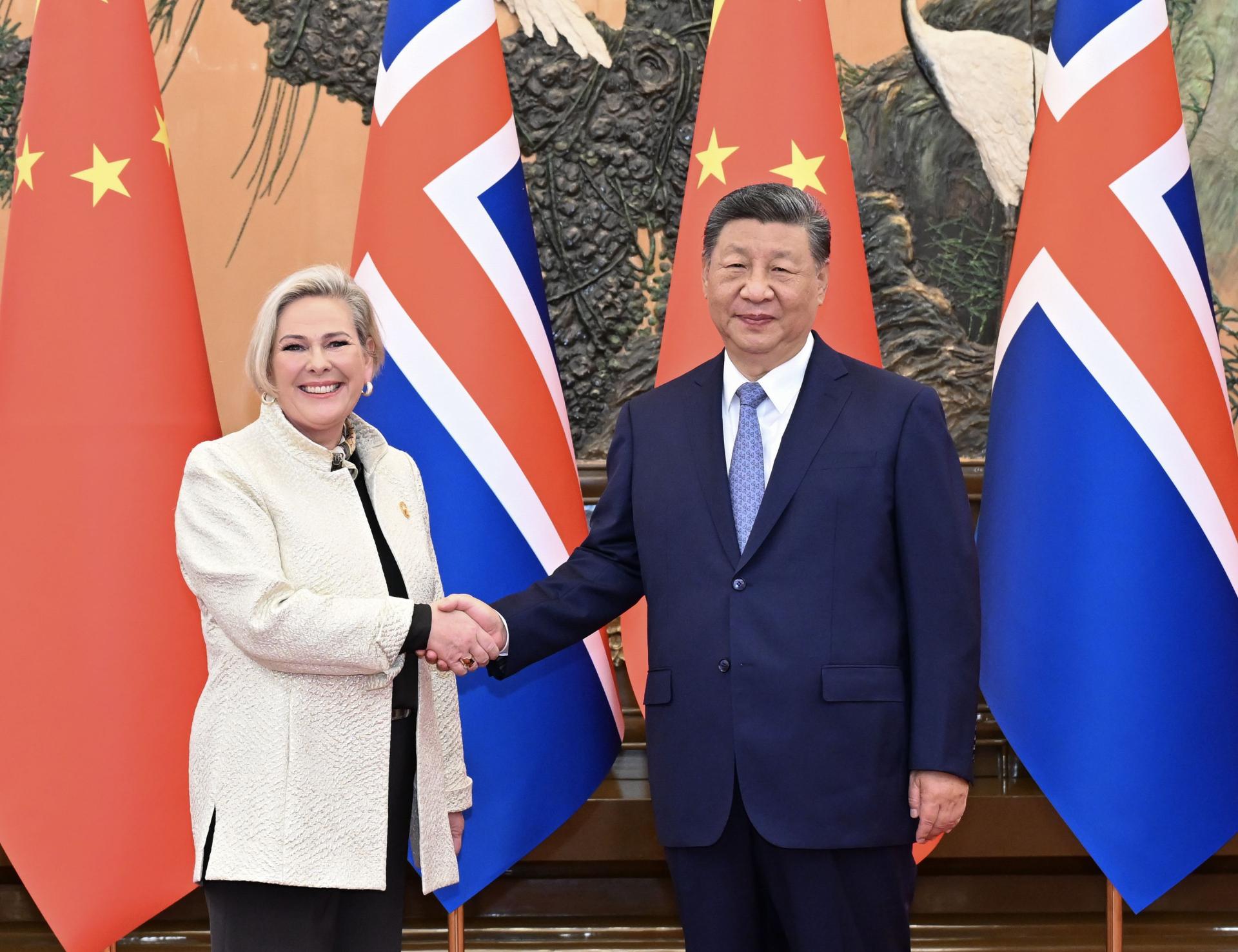 中国国家主席习近平（右）14日在北京会见冰岛总统托马斯多蒂尔（左）。