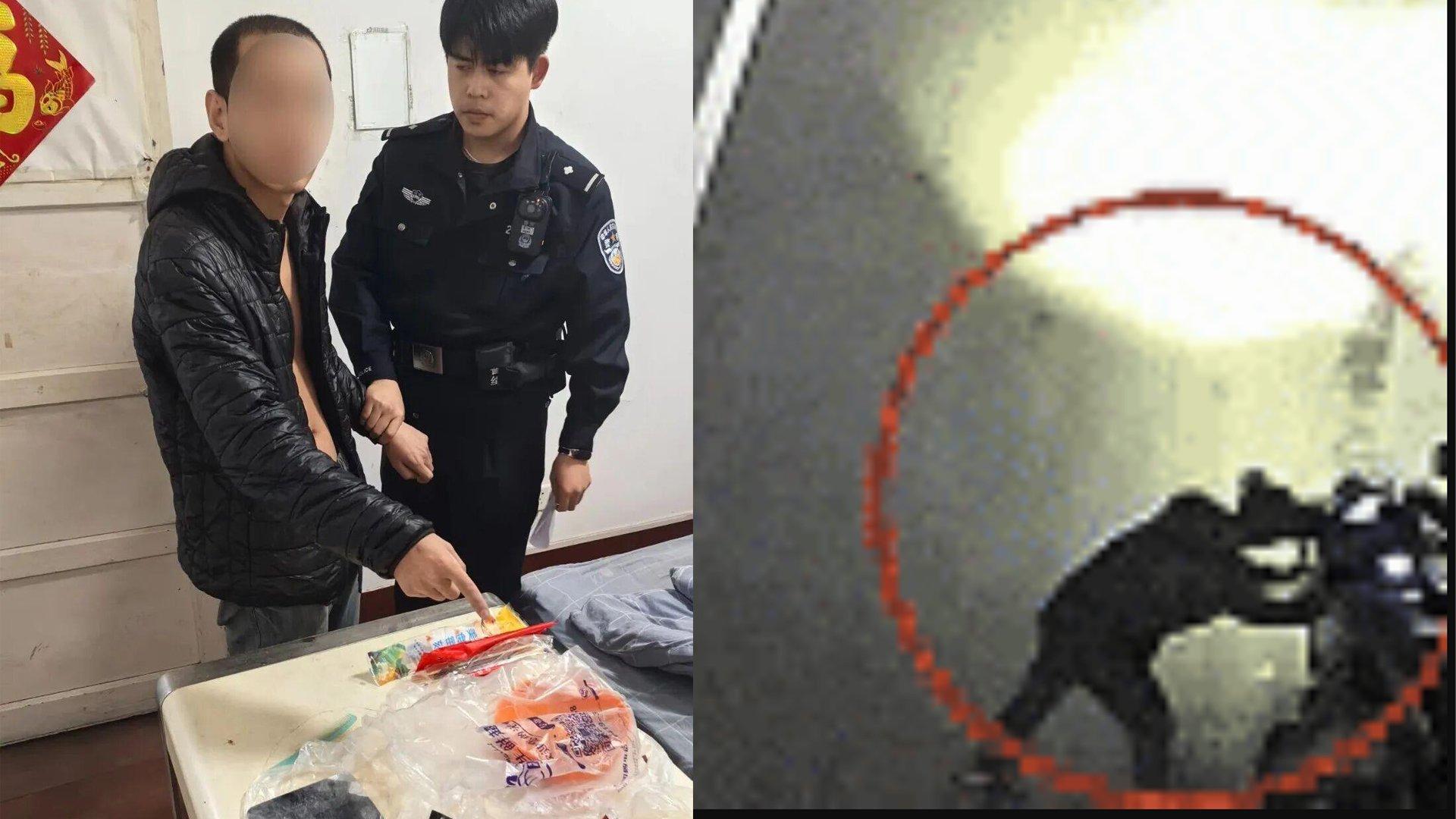 警方上门逮捕，这名男子的住处发现多个残留食物痕迹的餐盒。