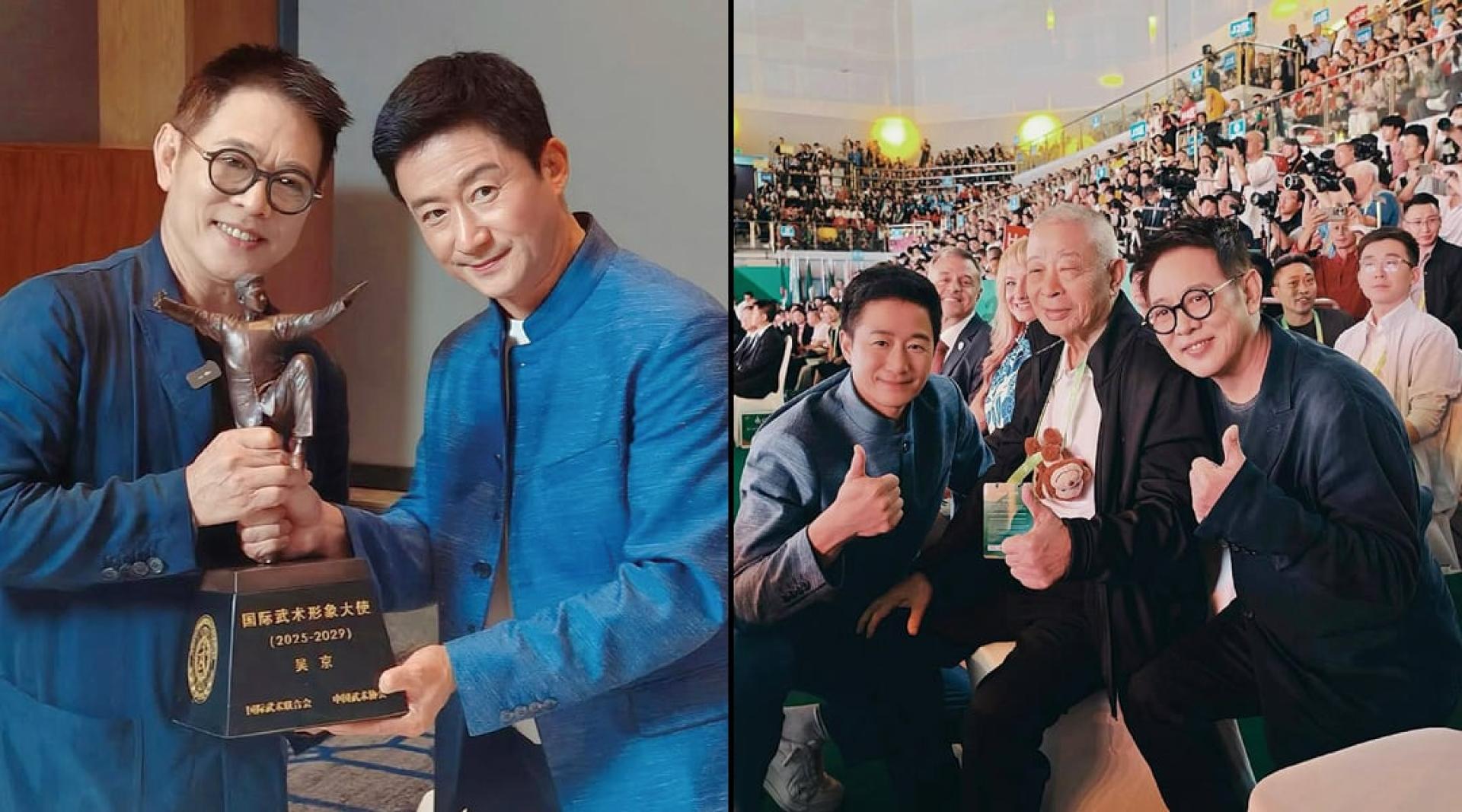 (左)李连杰将国际武术形象大使的重任交棒予吴京。(右)李连杰、吴京一同与恩师吴彬重聚。