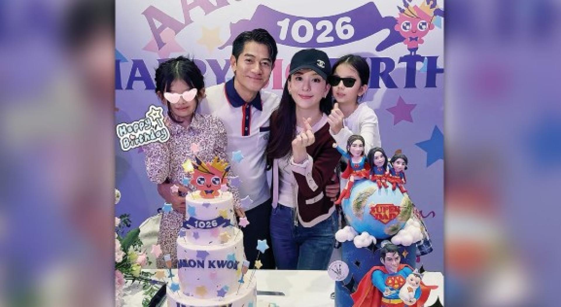 郭富城在老婆方媛、长女、次女围绕下庆祝60大寿。