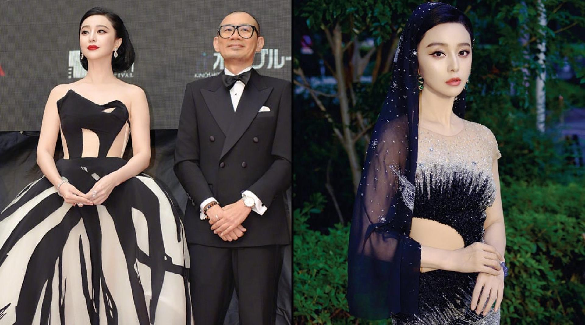 （左）范冰冰与张吉安出席东京影展红毯。（右）范冰冰换上第2套礼服出席《地母》映后。
