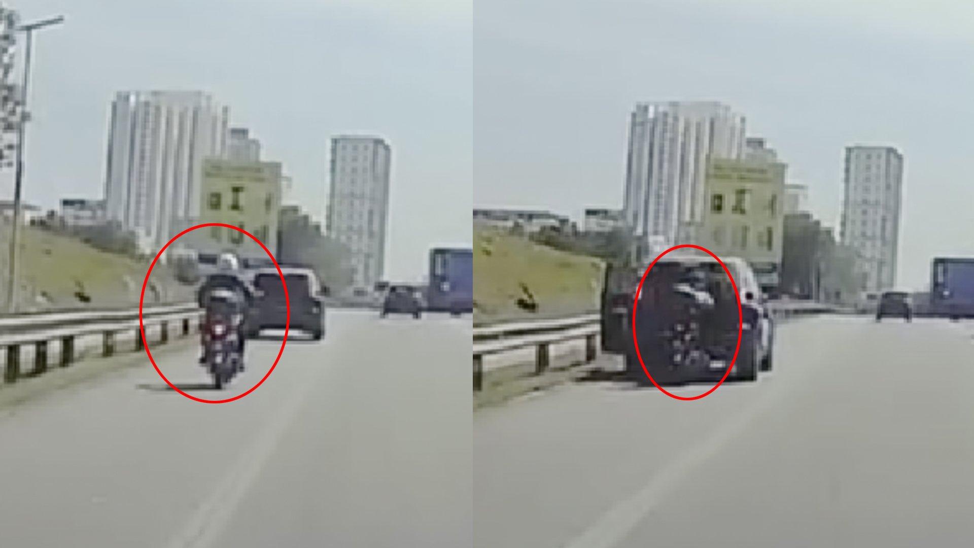 一辆米托车不知何故在没有减速的情况下，直接撞上一辆停在路边的休旅车。