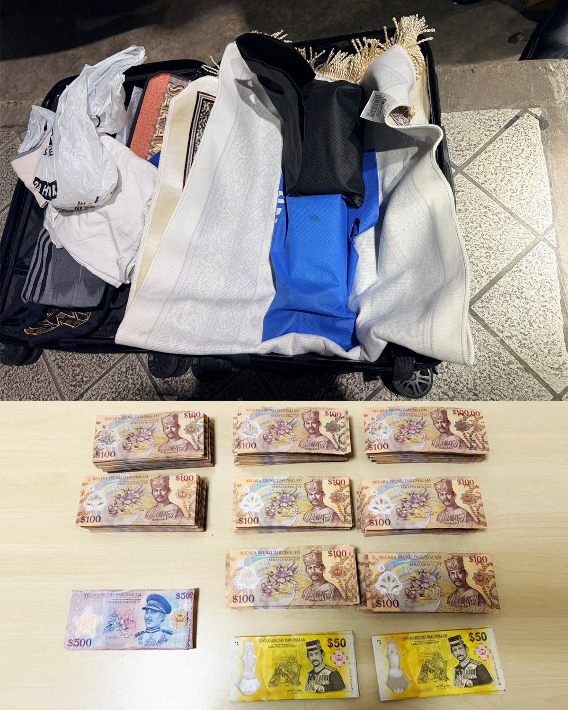 新加坡移民与关卡局官员在副驾驶座下、行李箱及背包内,起获总值约20万汶莱元的现钞。(图取自新加坡移民与关卡局脸书)