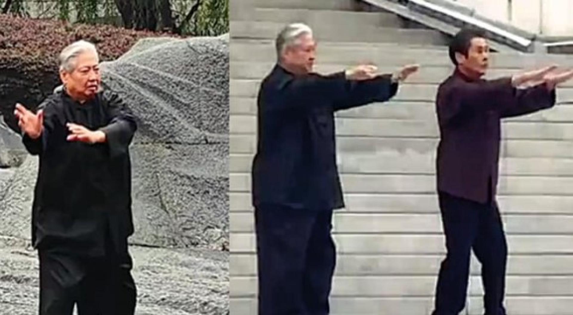 洪金宝（左）与赵长军一同耍太极。