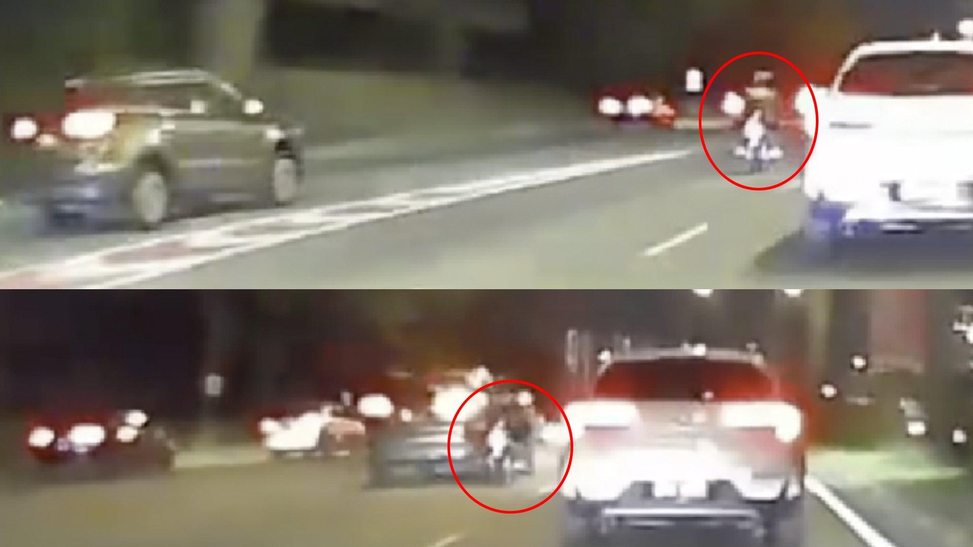 休旅车从分岔道进入大道时，直接撞翻第二车道的一辆摩托车.