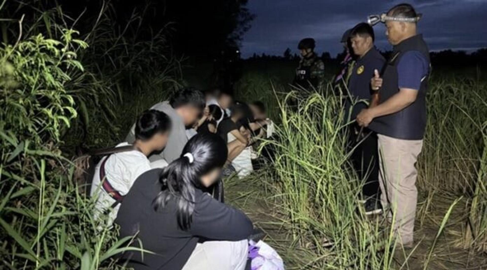 泰国执法人员在草丛中发现并逮捕21人。