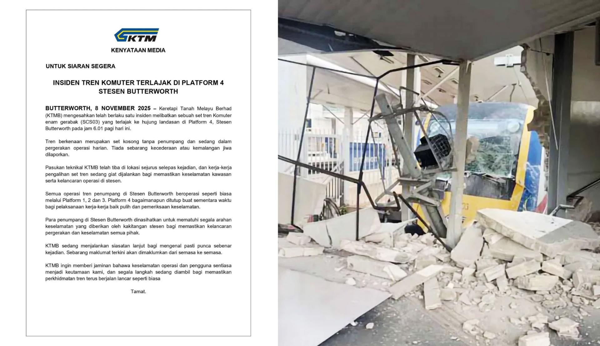 马来亚铁道公司证实北海火车站发生通勤列车出轨事故。