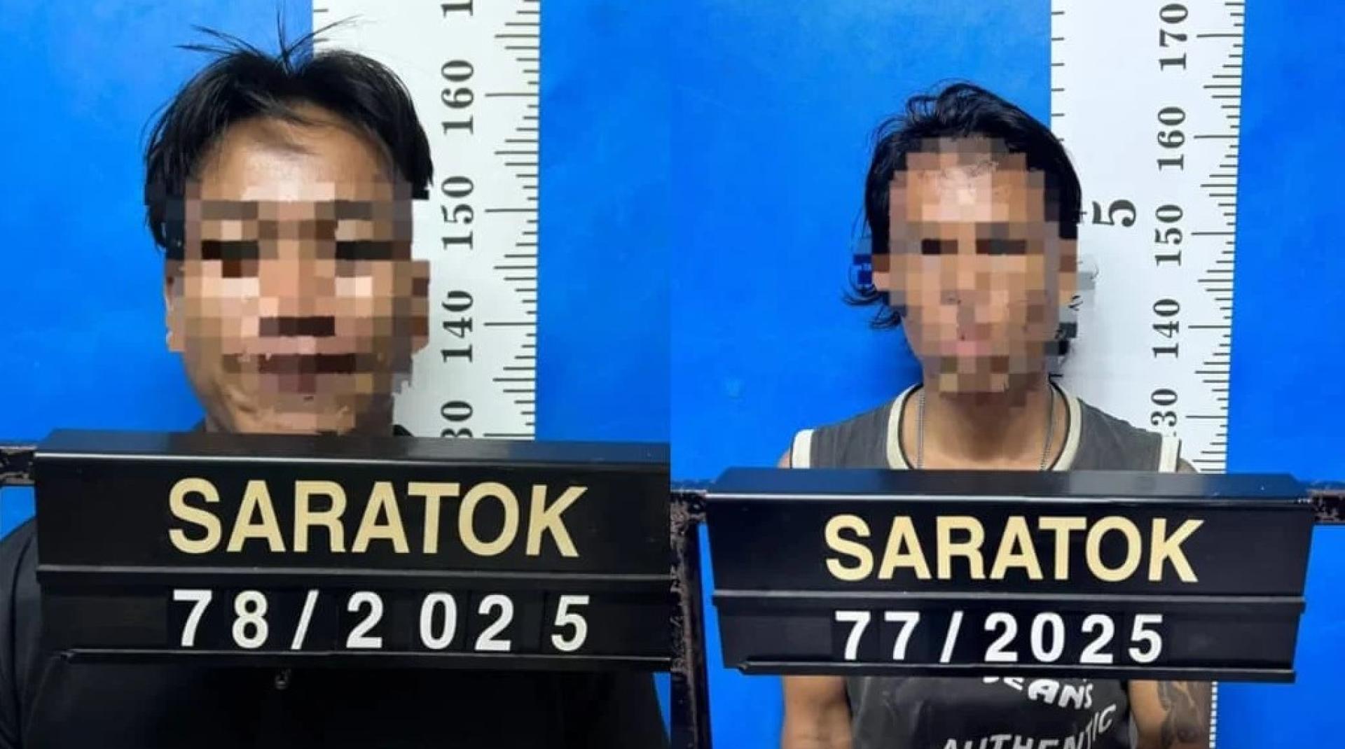 警方提供的照片显示两名涉嫌油棕盗窃案的嫌犯被捕。