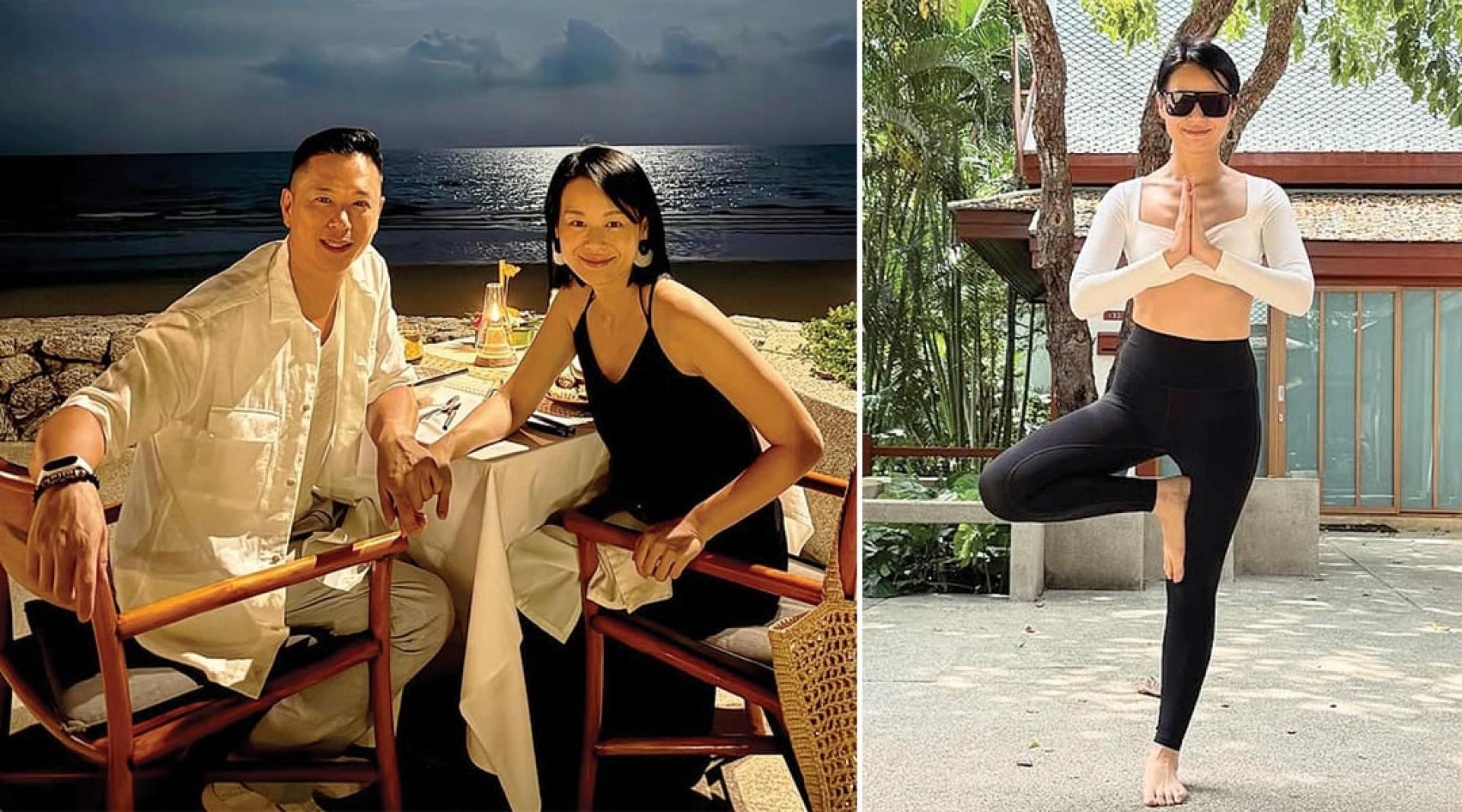 （左）李乘德为胡杏儿准备了泰国生日之旅。（右）胡杏儿穿上瑜伽服，肚子微微隆起。