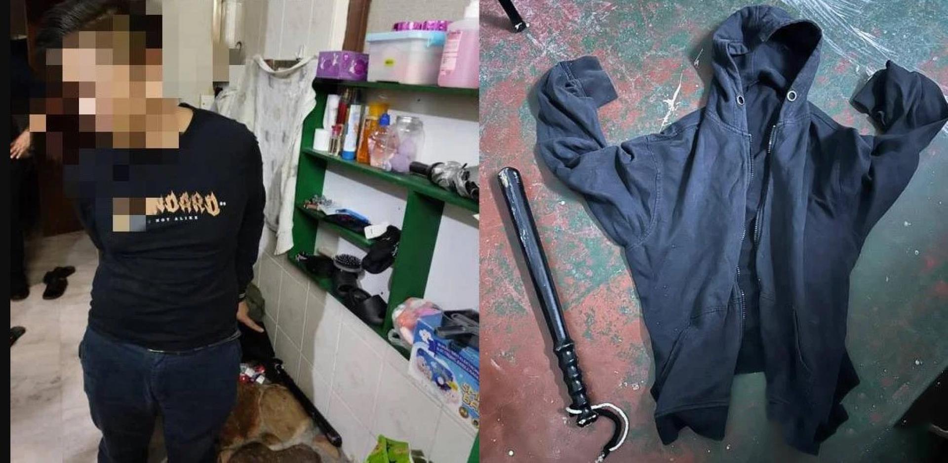 嫌犯与警方起获的木棍及案发时所穿衣物。