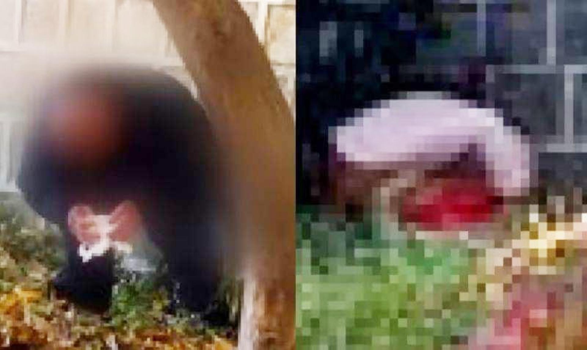 中国男女在韩景福宫石墙旁脱裤，大妈裤上明显见到“一坨”。（截图自《JTBC》新闻视频）