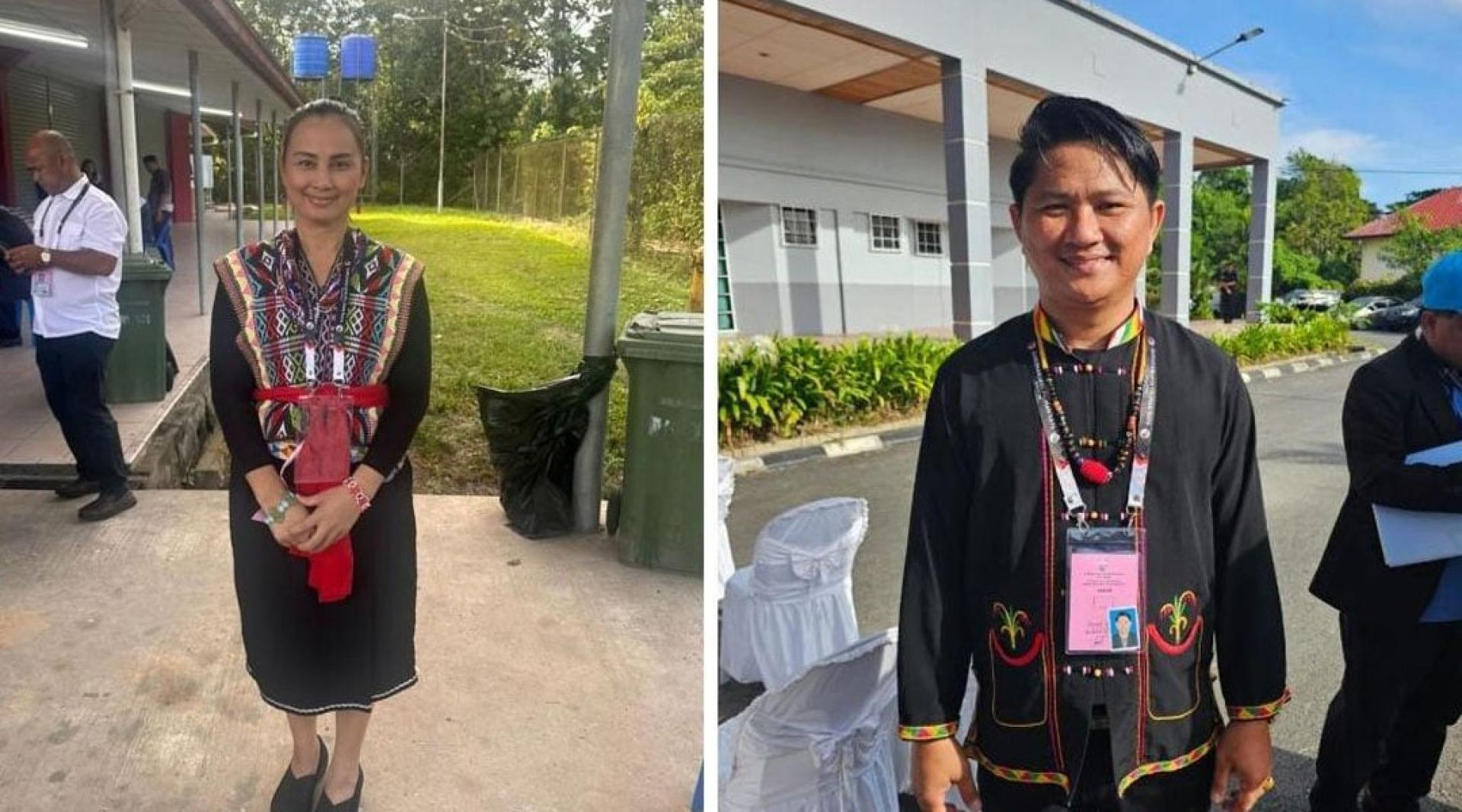 （左）民兴党杜利州议席候选人露西亚穿着杜顺洛布传统服饰，抵达纳峇湾县议会多用途礼堂。（右)沙巴立新党（STAR）东谷州议席候选人苏林伊西穿着杜顺比格传统服装，抵达拿笃首要礼堂。