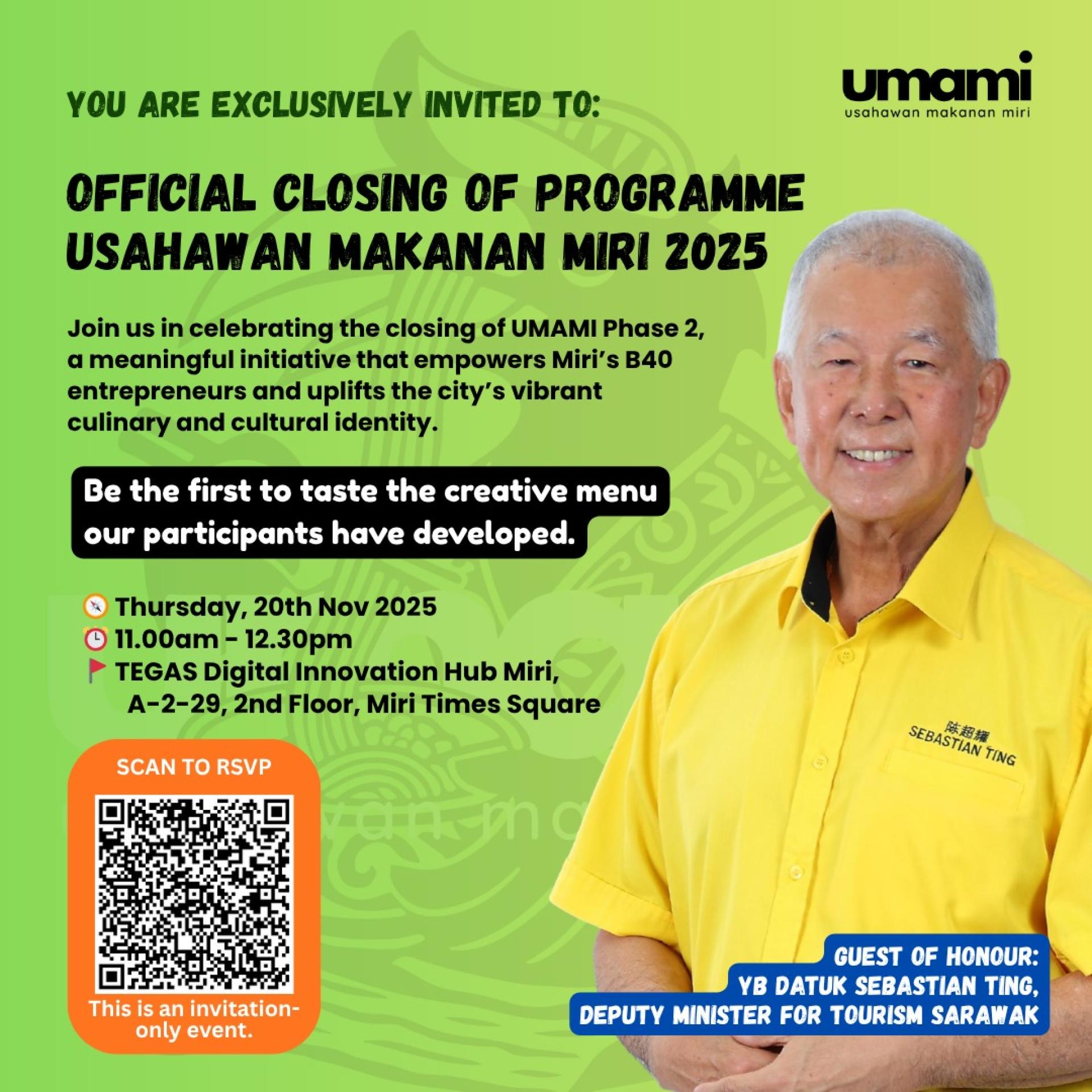 美食创业计划将于11月20日举行结业礼，砂拉越旅游部副部长拿督陈超耀将担任主宾，出席并见证学员的成长与成果。