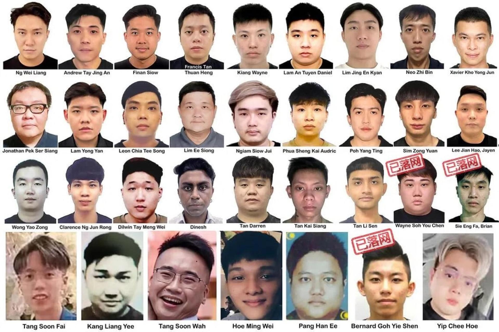 新加坡警察部队10月底发出通缉名单，有27名新加坡人和7名马来西亚人上榜，吴岳申（四排右二）是第三名落网的嫌犯。（联合早报制图）