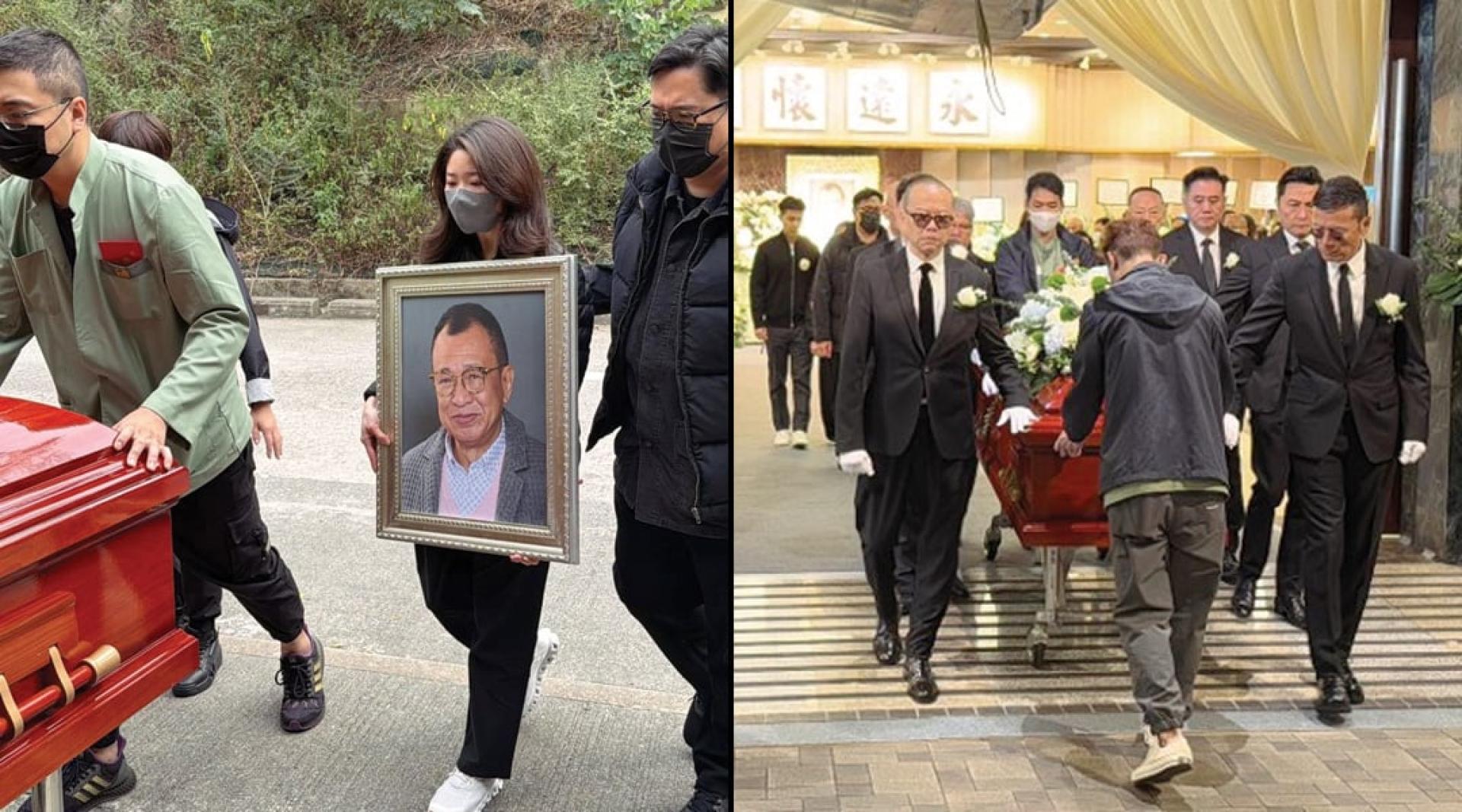 许绍雄爱女许惠菁手捧父亲遗照，神色凝重难掩伤感之情。（右）欧阳震华、苗侨伟、关礼杰、麦长青、罗乐林等人扶灵。
