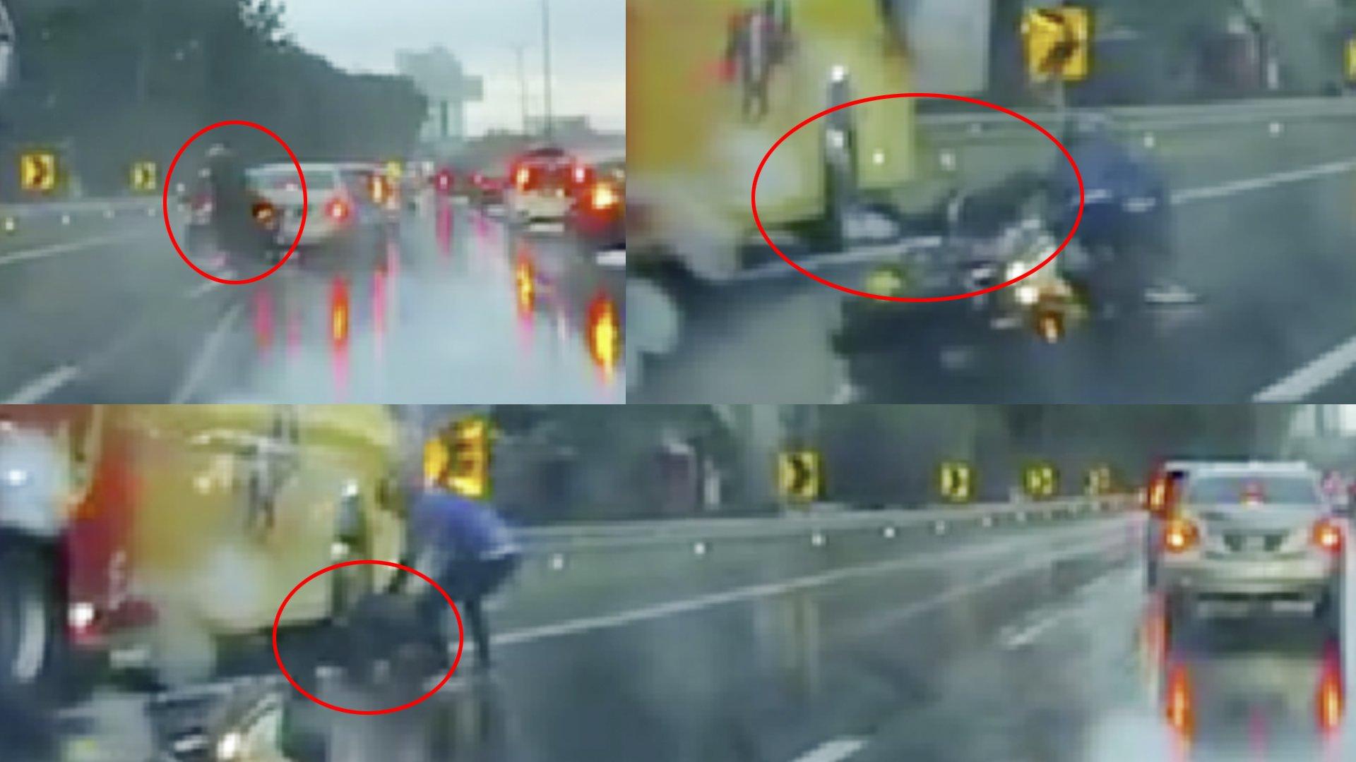 摩托车乘客差点随之而来的巴士碾过，还好巴士司机果断避开撞向路边的围栏。