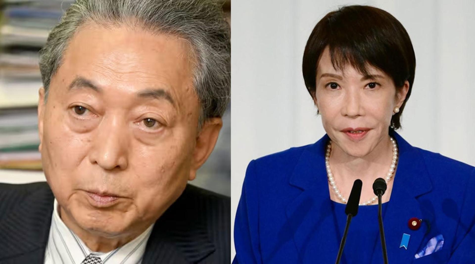 鸠山由纪夫（左）劝诫高市早苗（右）不应卷入中国内政，更不应藉危机论调推动军备扩张。