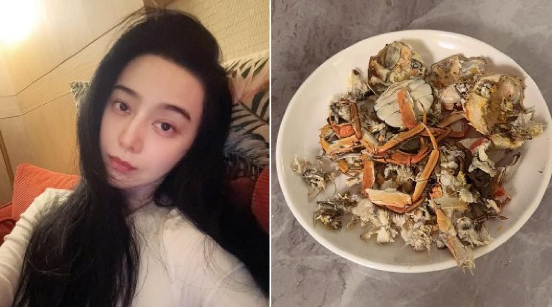 范冰冰回完600多条讯息，人有点懵。（右）范冰冰一口气吃了3只大闸蟹。