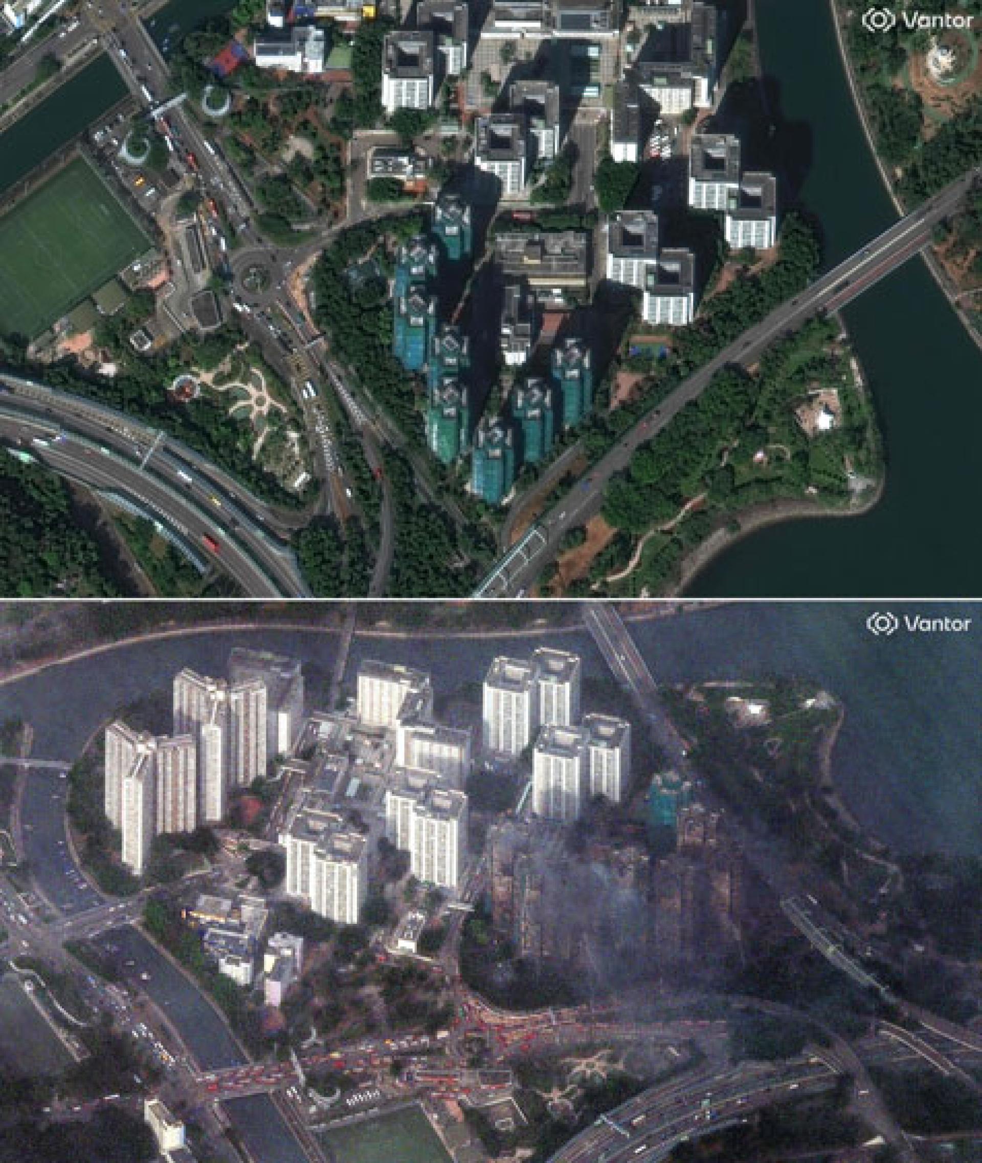 11月22日拍摄的卫星图像展现宏福苑景象（上图）；下图为11月27日拍摄并发布的卫星图像。