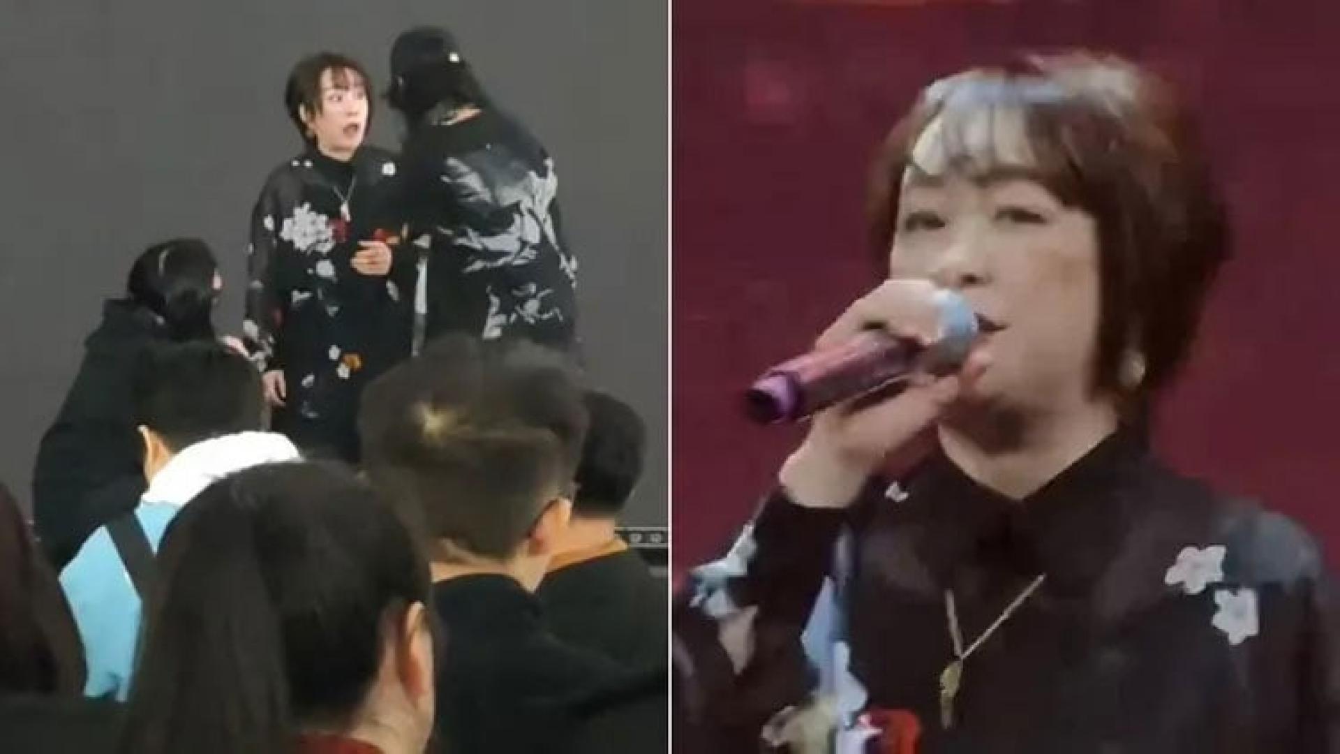 大槻真希演唱到一半，突然被断电要求下台，张大嘴巴不敢相信此事。