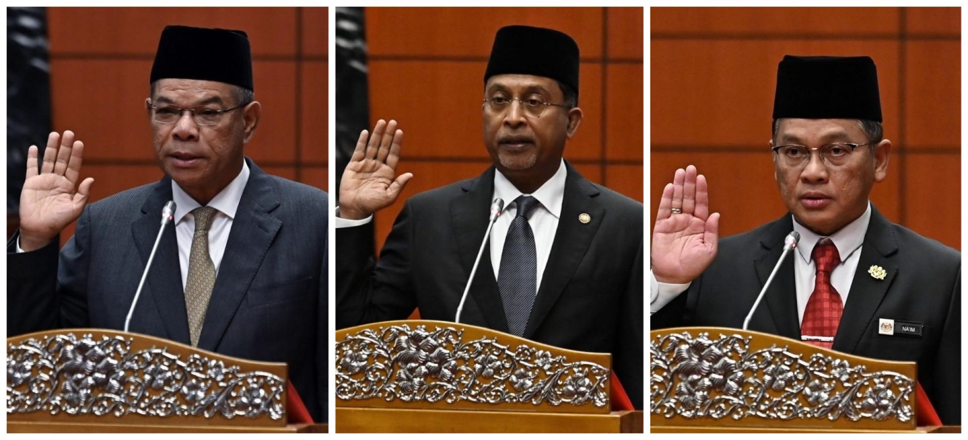 赛夫丁（左图起）、赞比里及莫哈末纳因，宣誓续任上议员。