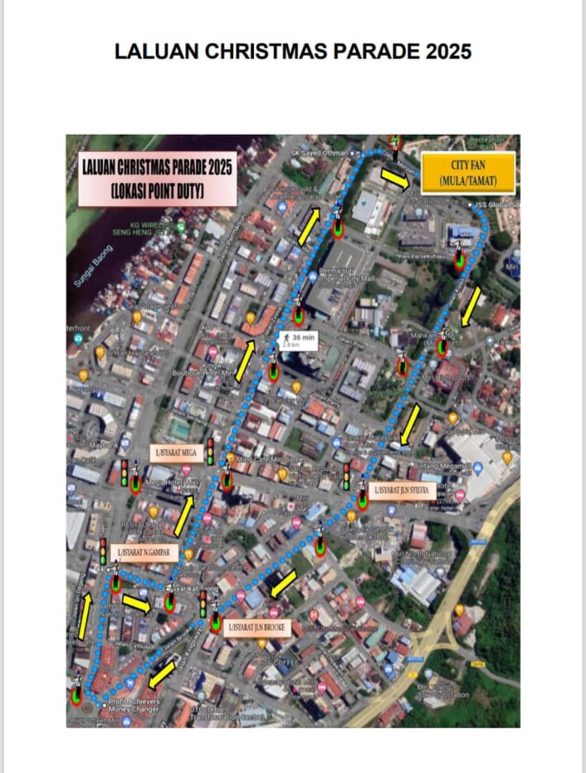 黄色箭头显示美里市圣诞节大游行的路线，而红色圈则是封路位置。