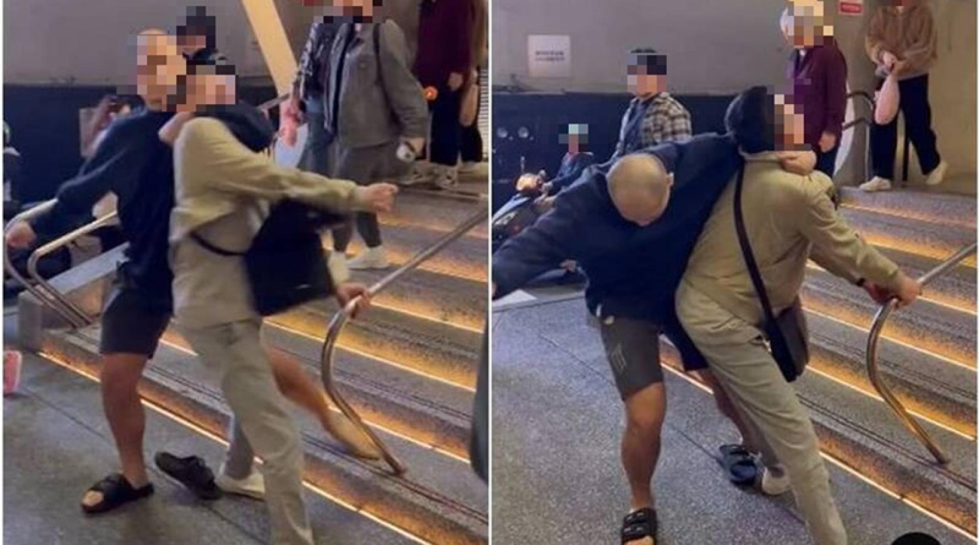 光头正义哥从后方勒住恶男脖子，将其控制住撂倒在地。（图：Threads ）