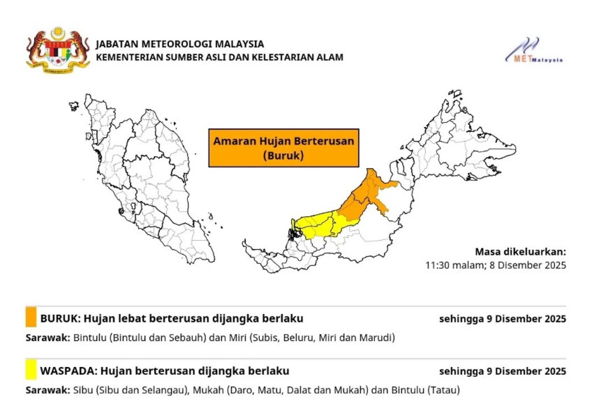 民都鲁及美里持续降雨警告。