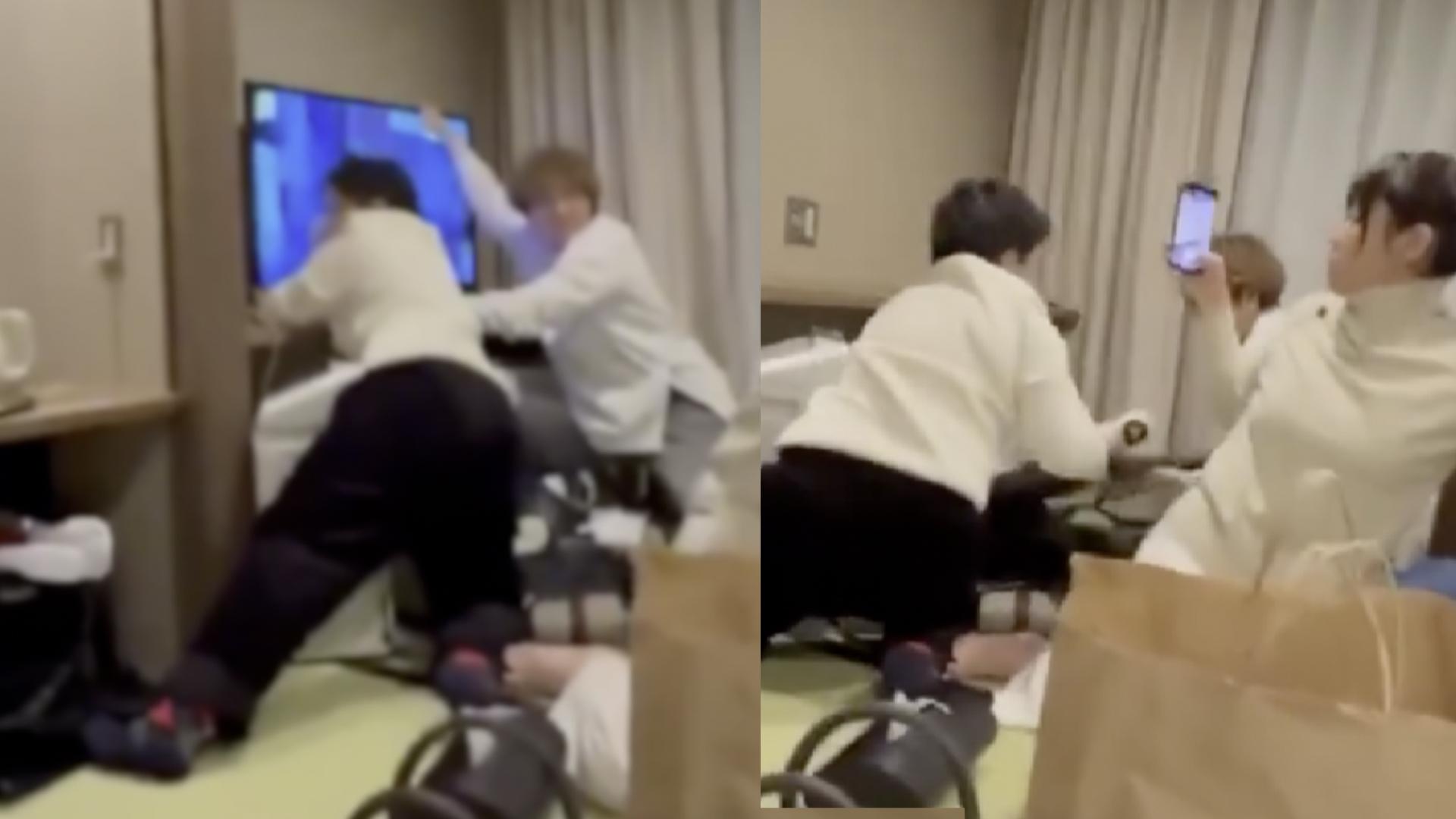 游客尽管在旅馆内遭遇地震，但却先保护旅馆墙上的电视，让日本网民都纷纷表示感动。