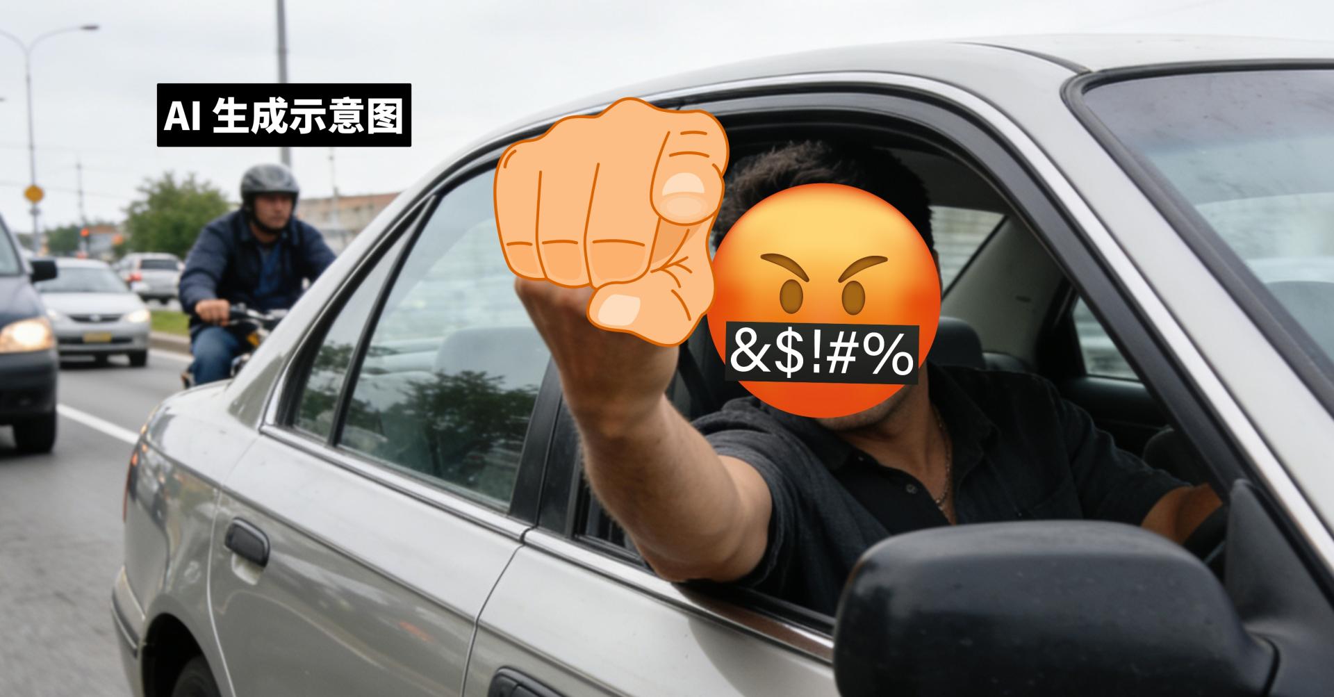 一段轿车司机向其他道路使用者比出不雅手势的视频，近日在社交媒体上流传，警方已介入调查。（AI 示意图）