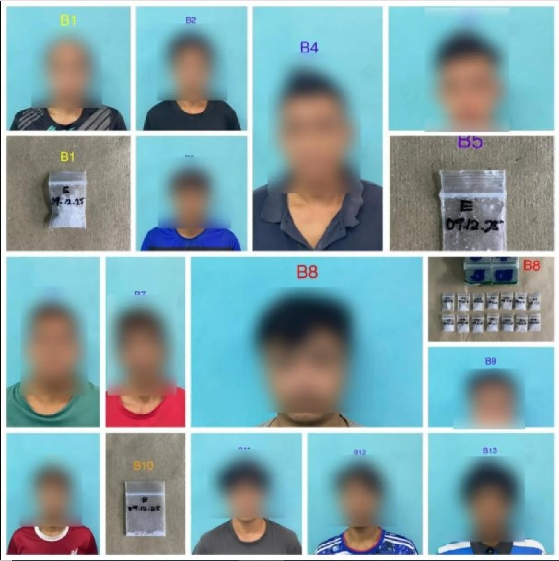 此次突击行动中被捕的13名涉毒人员。