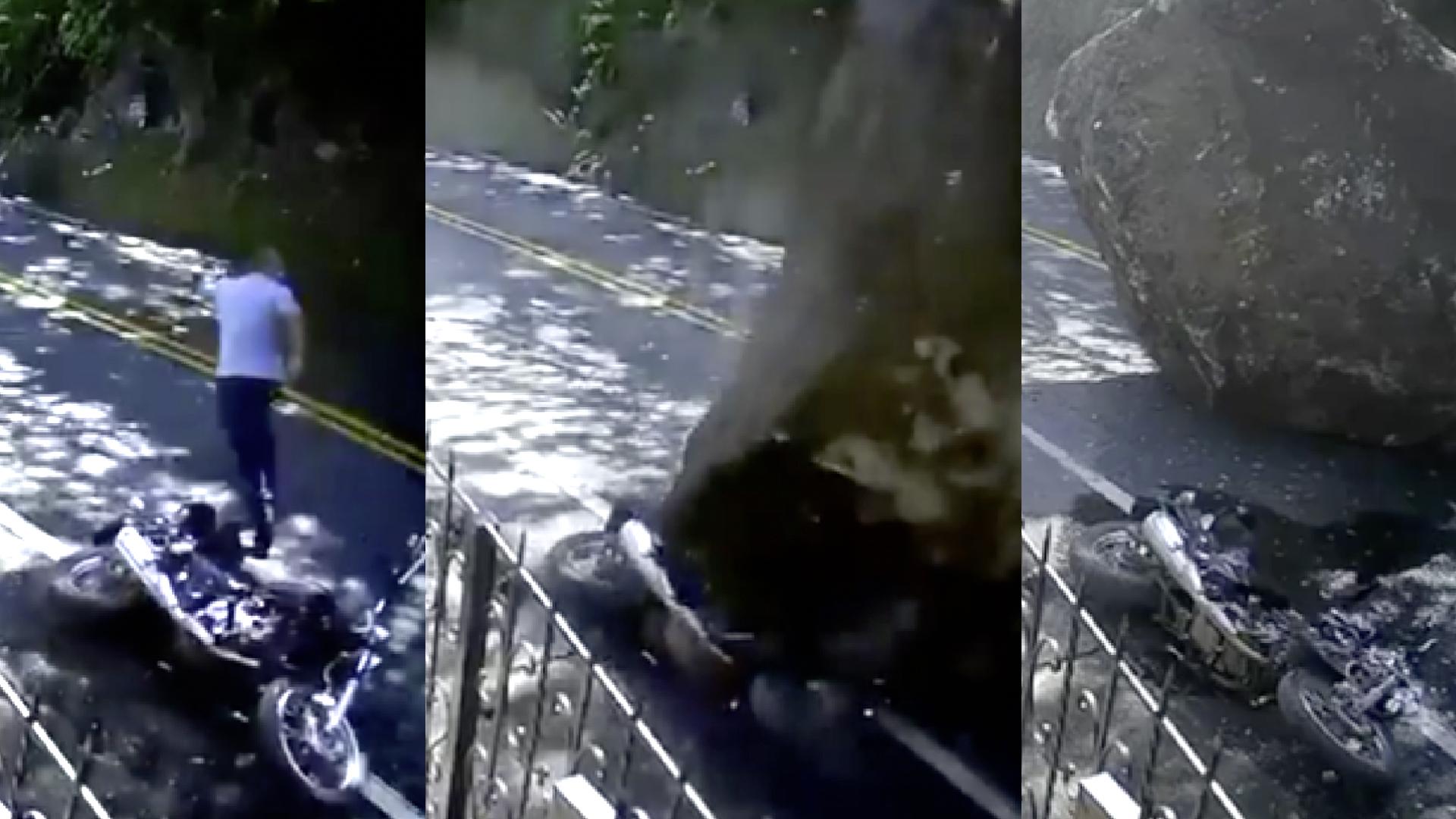 骑士弃摩托车而逃，最终摩托车被大石砸毁，骑士躲过一劫。